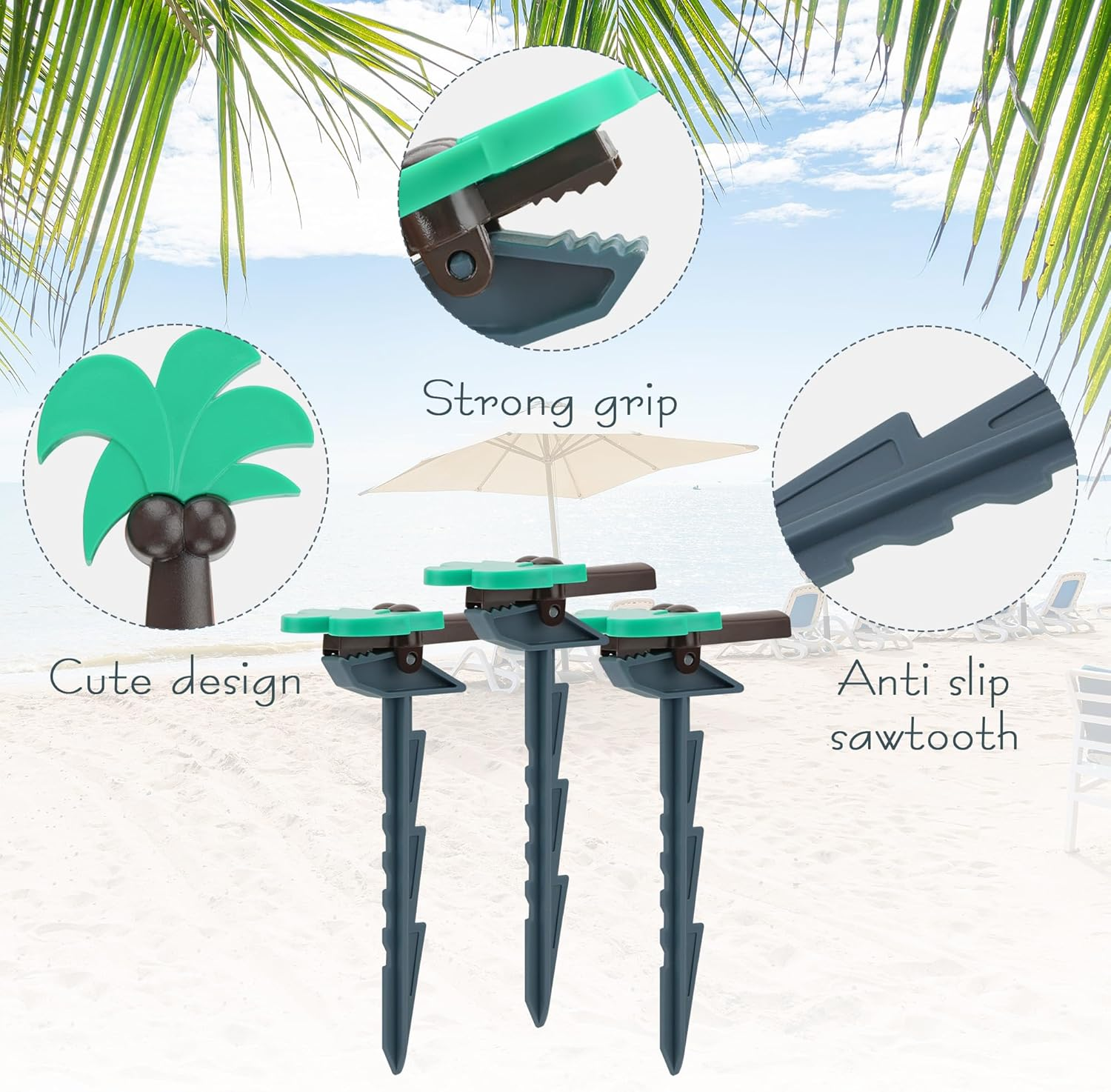 SHIDOW Beach Towel Clips, Anchor Stakes Clamps, Outdoor Beach Towel Anchor Stakes Clips, Picnic Blanket Holders, Sand Spikes (Coconut Palm Tree, 10 Pcs, Grey)