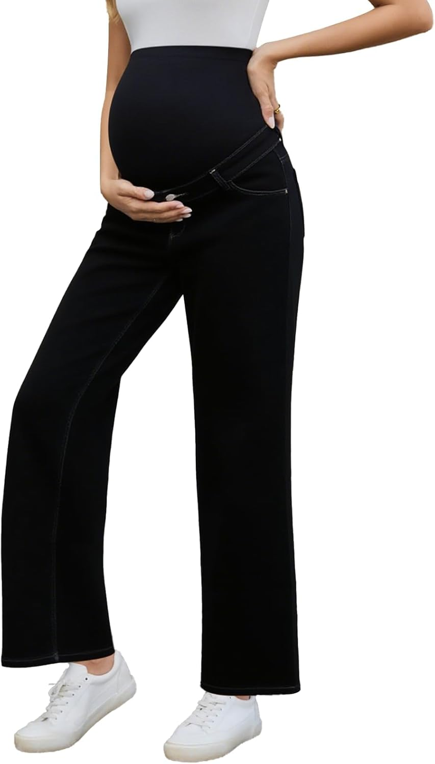Ecavus Women'S Maternity Jeans over Belly Wide-Leg Comfy Stretch Denim Pants with Pockets, XS-XXL