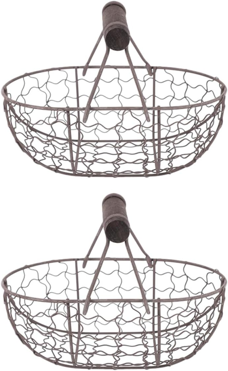 Ibasenice 2Pcs Vintage Iron Fruit Basket with Wooden Handles, Kitchen Storage Baskets for Vegetables, Eggs and Bread, Countertop Food Storage Organizer in Grey-Black image number 3