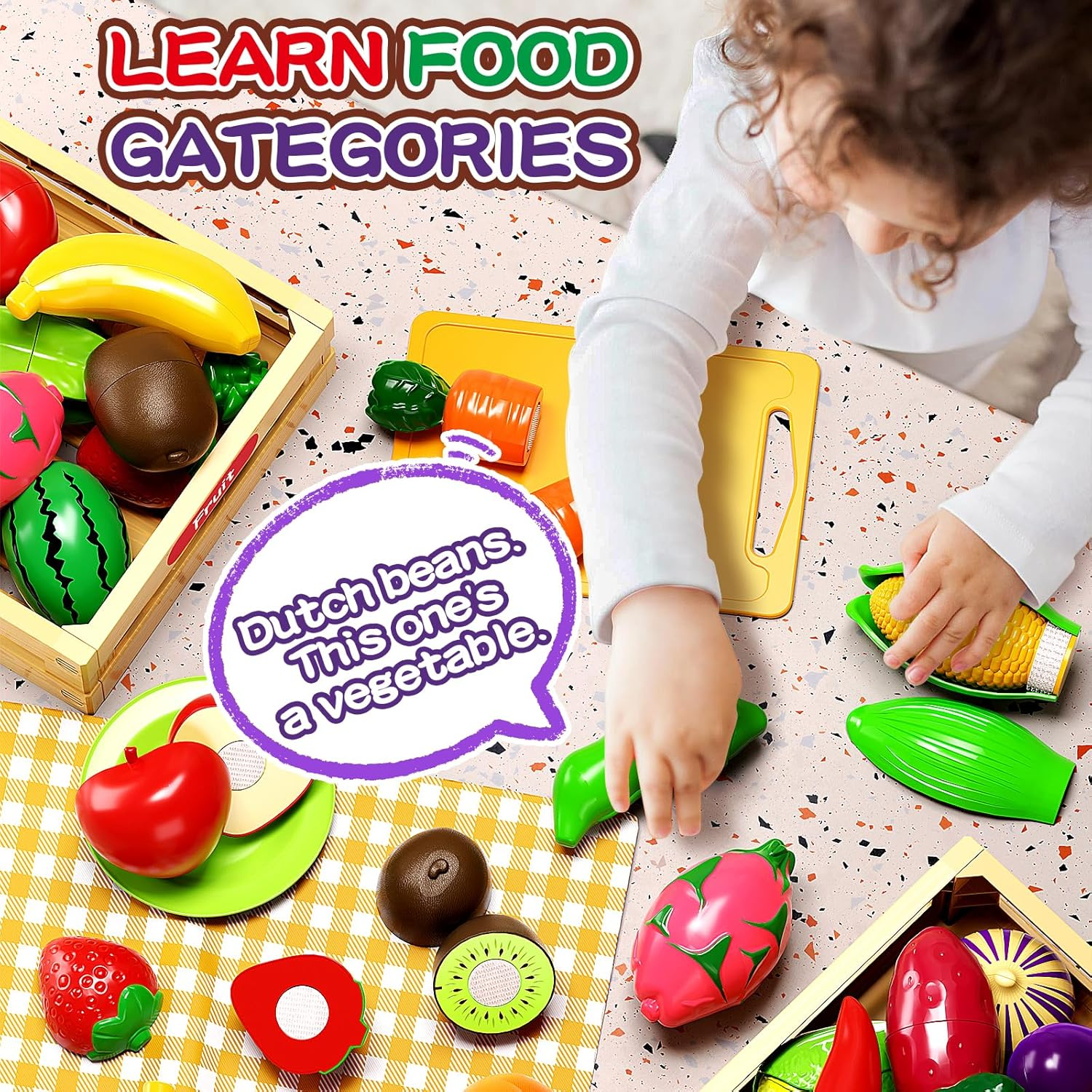 35PCS Pretend Play Food Cutting Set for Kids, Cuttable Fruits and Vegetables Toy with Knives, Cutting Boards and Baskets, Montessori Food Sorting Toys for Toddlers, Kids, Boys, Girls image number 3