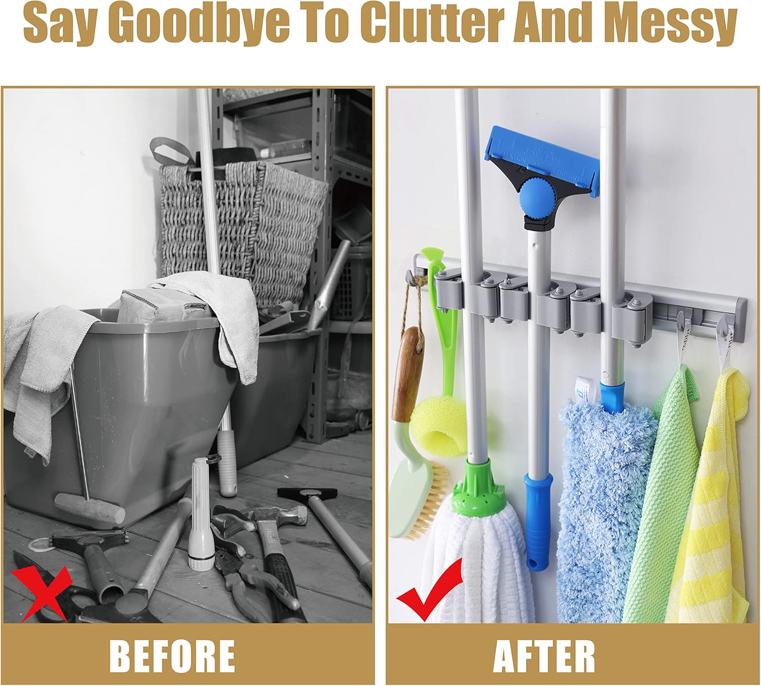 Drdirt Broom Holder Wall Mount, 14.5-Inch, 3 Sliding Grippers, 4 Hooks, Heavy Duty for Home, Kitchen, Bathroom, Laundry, Garage, Gray image number 3