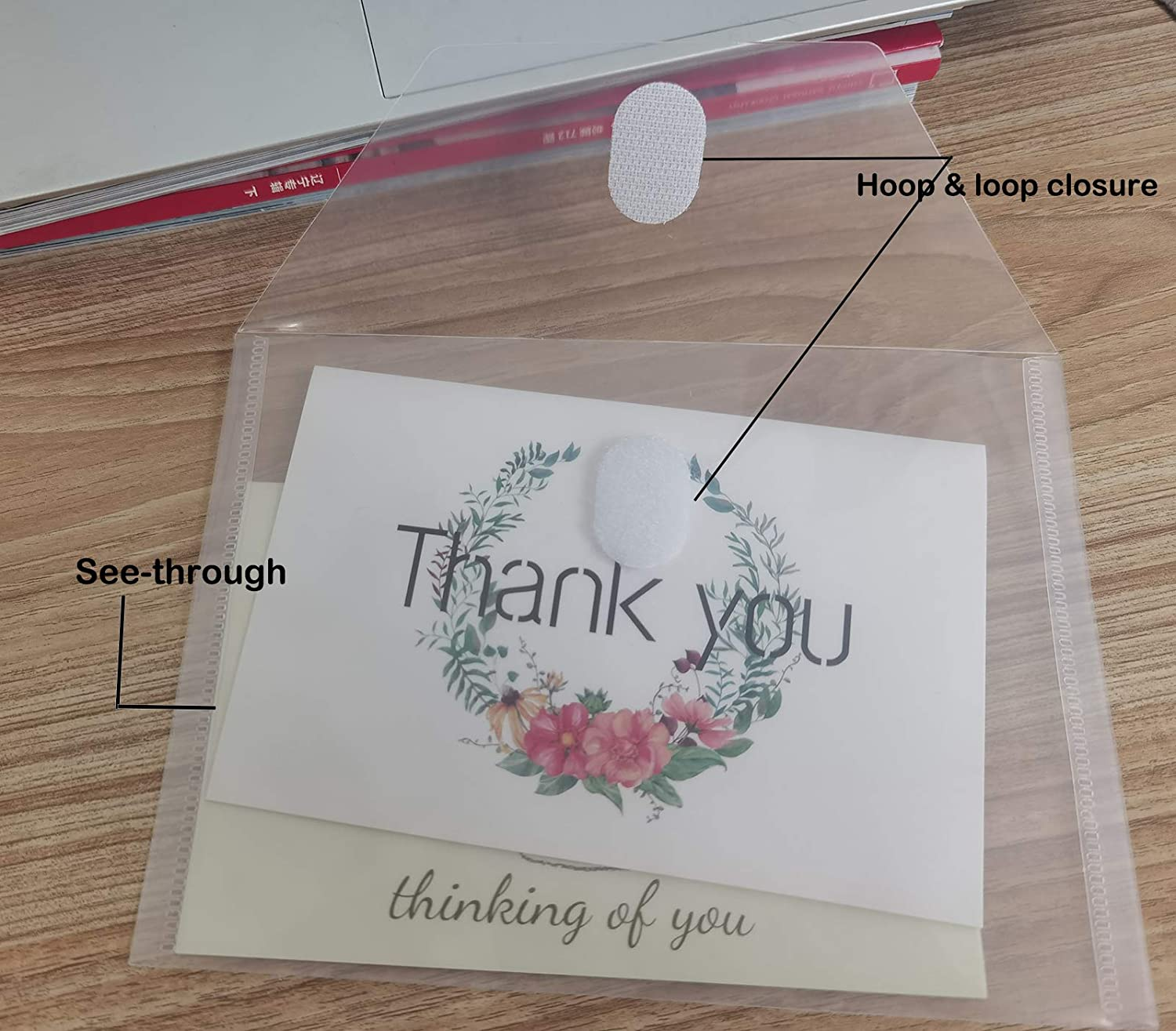 5X7 Small Plastic Envelopes Hook Loop Closure Receipt Storage Holder 80 Pack (Clear-80 Pack) image number 3