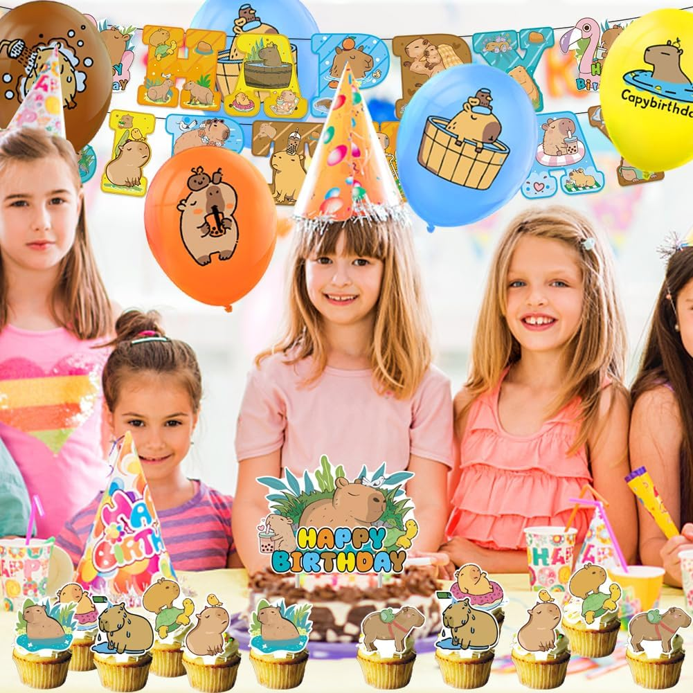 32PCS Capybara Theme Birthday Decoration,Capybara Theme Party Includes Birthday Banner Huggy Latex Balloons Cupcake Toppersfor Capybaracreative Party Birthday Party Christmas Supplies Kids image number 1