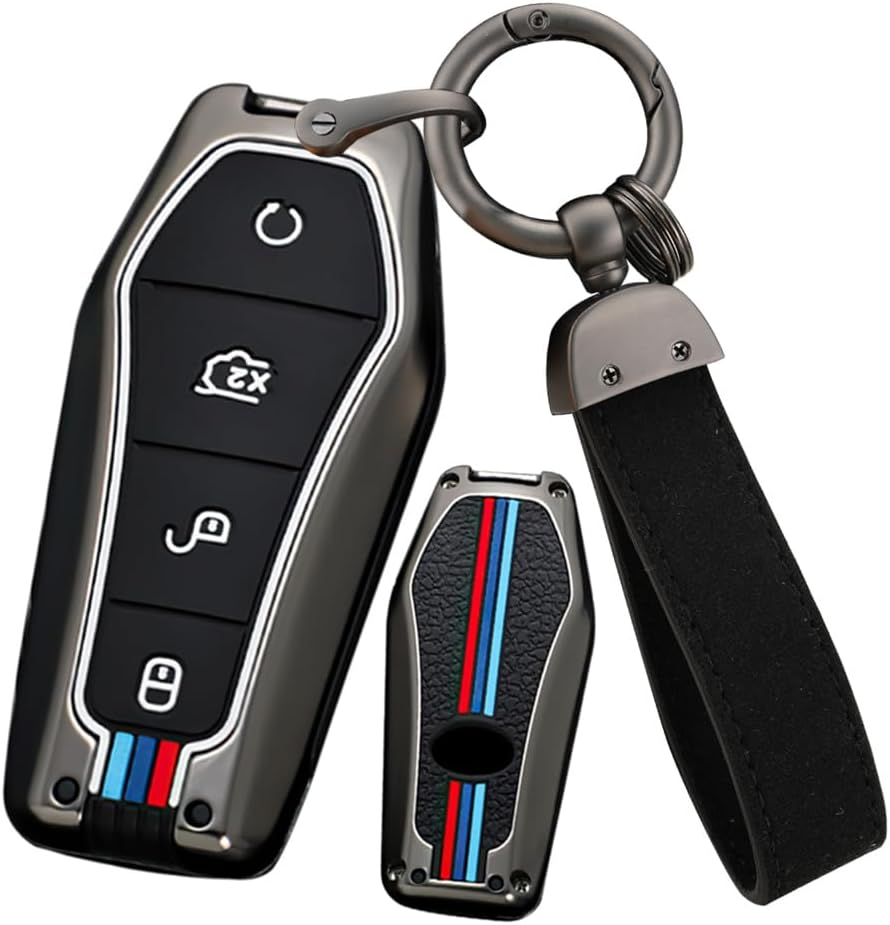 Ontto Metal Car Key Fob Cover Fit for BYD Song Qin Han EV Tang DM Plusdmi Atto 3 Han EV Dolphin 2018-2022 Smart Key Case Keyring Silicone Key Shell Holder Bag Keychain Accessories 4 Button Black B