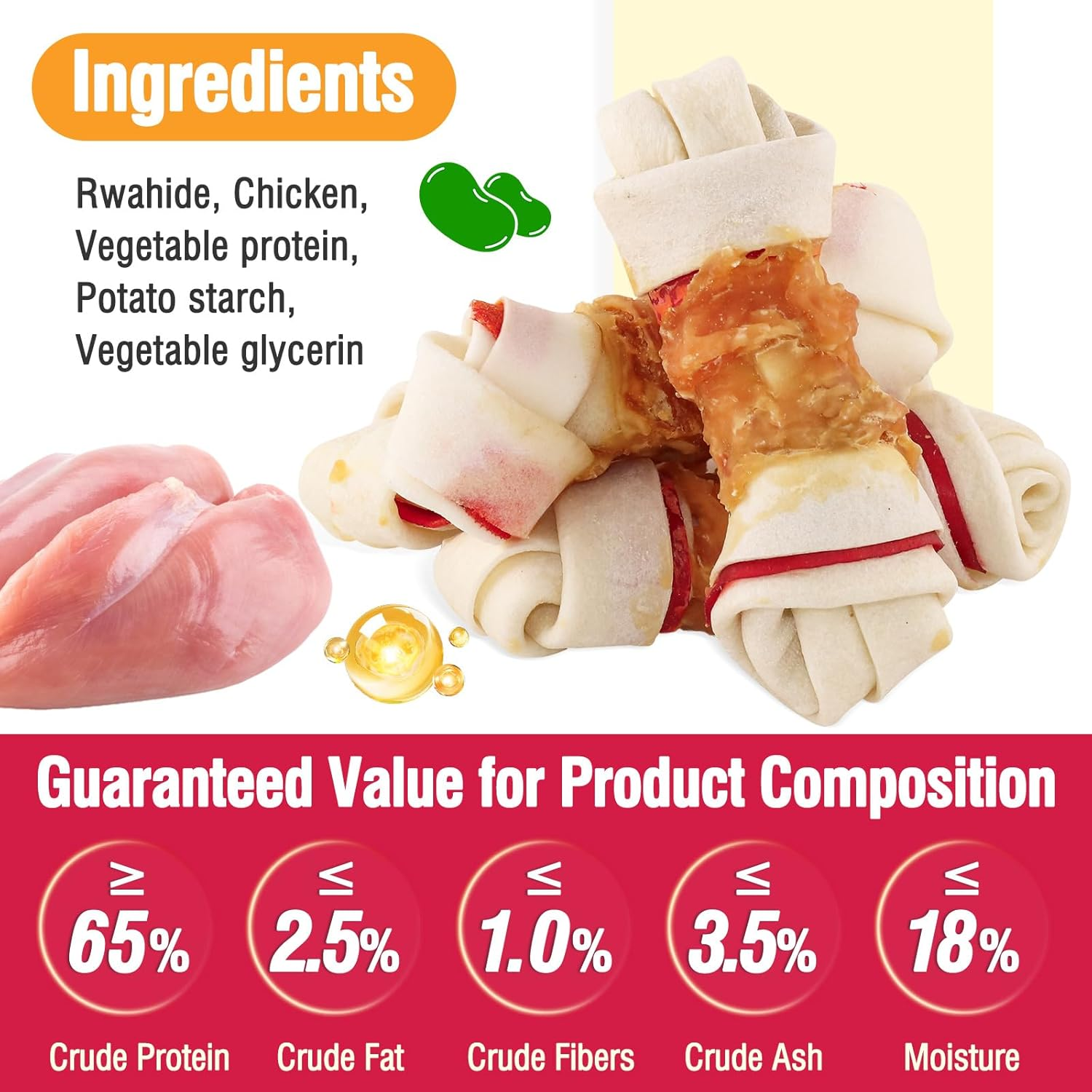 Dog Treats Chicken Wrapped Rawhide Bones,Long Lasting Chicken Wrap Knotted Bones Dog Chews 4.5"，Digestion-Friendly Training Treats for Middle Large Dogs(200G) image number 6