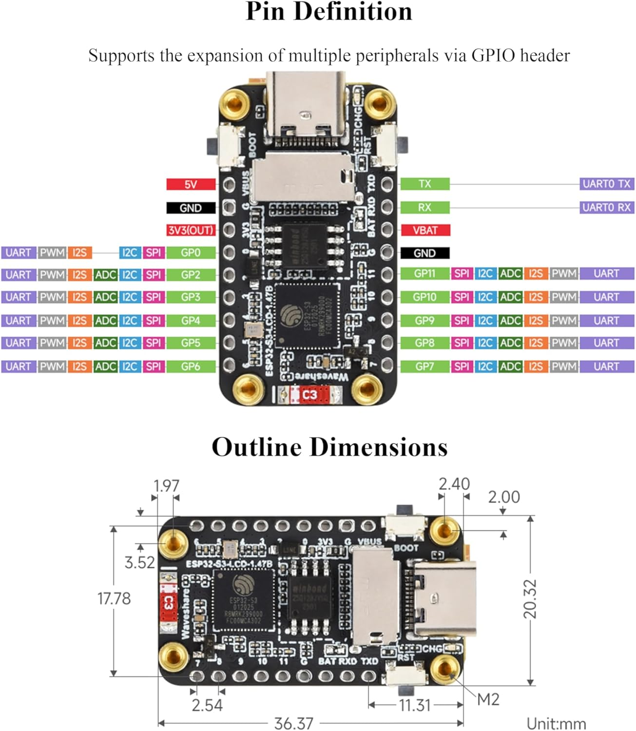 ESP32-S3 1.47Inch LCD IPS Display Development Board, 172X320 Resolution, 262K Display Color, 240Mhz LX7 Dual-Core Processor, Support 2.4Ghz Wi-Fi/Ble 5, ESP32 with Display, with Pre-Soldered Header image number 1