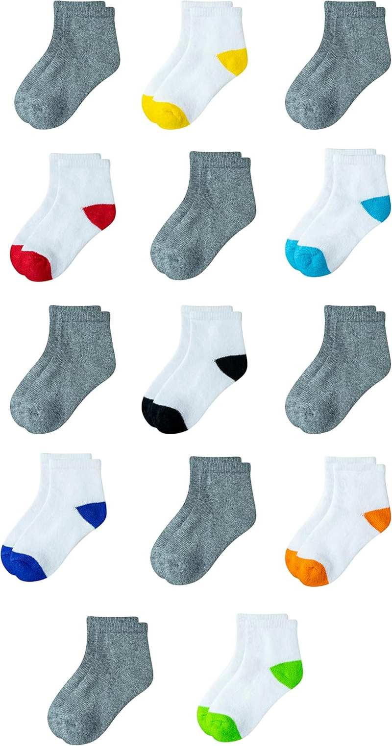 Amazon Essentials Unisex Kids' Cotton Ankle Socks, 14 Pairs, White/Grey, Large