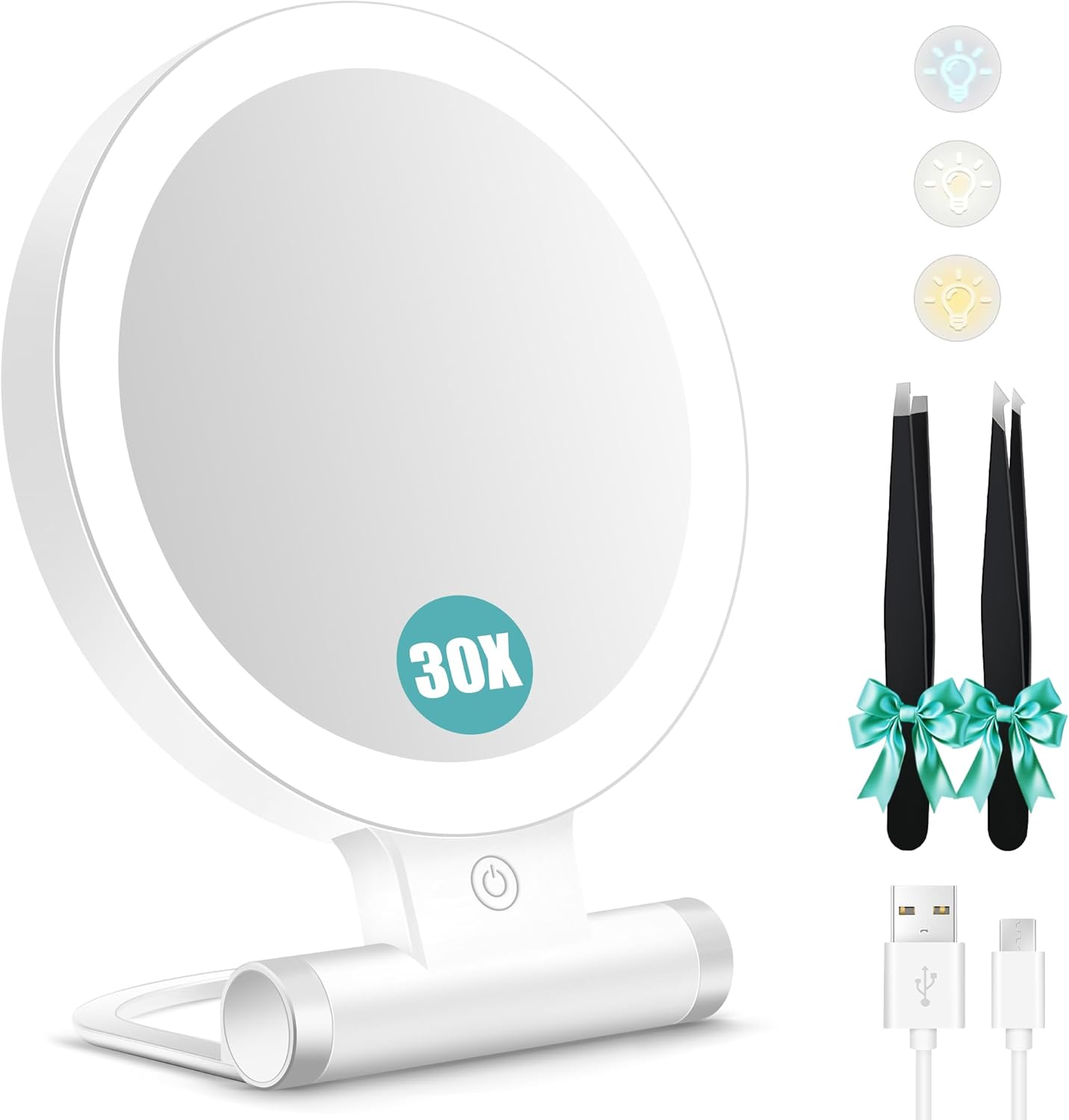 B Beauty Planet Magnifying Mirror with Light 30X, Double-Sided 1X/ 30X Magnifying Makeup Mirror with Tweezer, 2000Mah 3 Colour Modes with Adjustable Brightness,Foldable Compact Travel Mirror image number 5