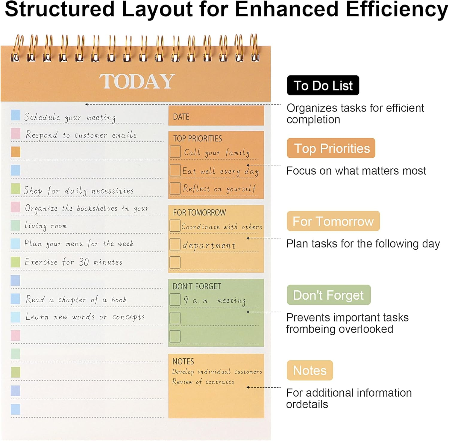 JUNART Daily Planner Notepad, 8.5"&times;5.7" to Do List Notepad Spiral Bound, Clear Cover Portable Daily Planner for Students,Commuters,Office,Home(Green)