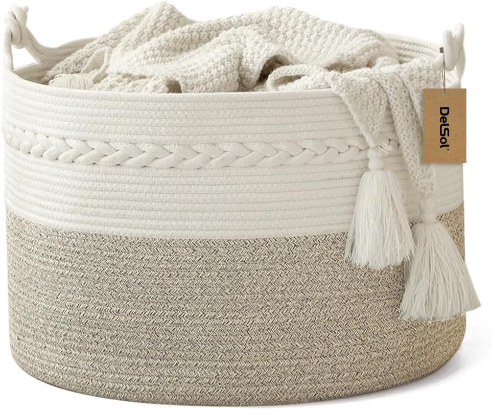 Delsol Large Blanket Basket Woven Wicker Nursery Cotton Rope Baskets for Storage Pillows Clothes Toy Organizer Hamper with Handle (Camel & White)