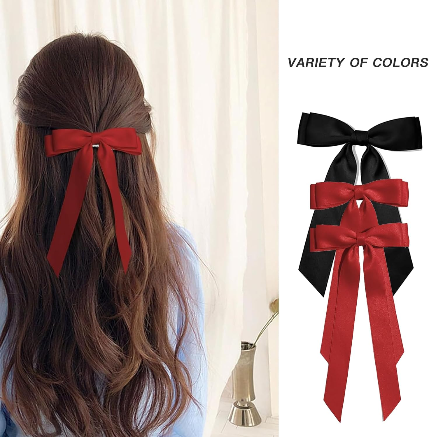 ONBPIY 6Pcs Hair Bows for Women Silky Satin Ribbon Bow Clips with Metal Alligator Clips Hair Accessories 6 Colors image number 6