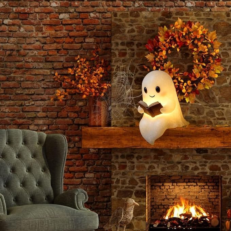 Ghostly Reading Book Lamp, Ghost Warm Lighted Lndoor Figurine Lamps, Adorable Ghost Reading Night Light Halloween Decorlight up Halloween Decor, for Bedroom Study Room, Readers (8.6 Inch)