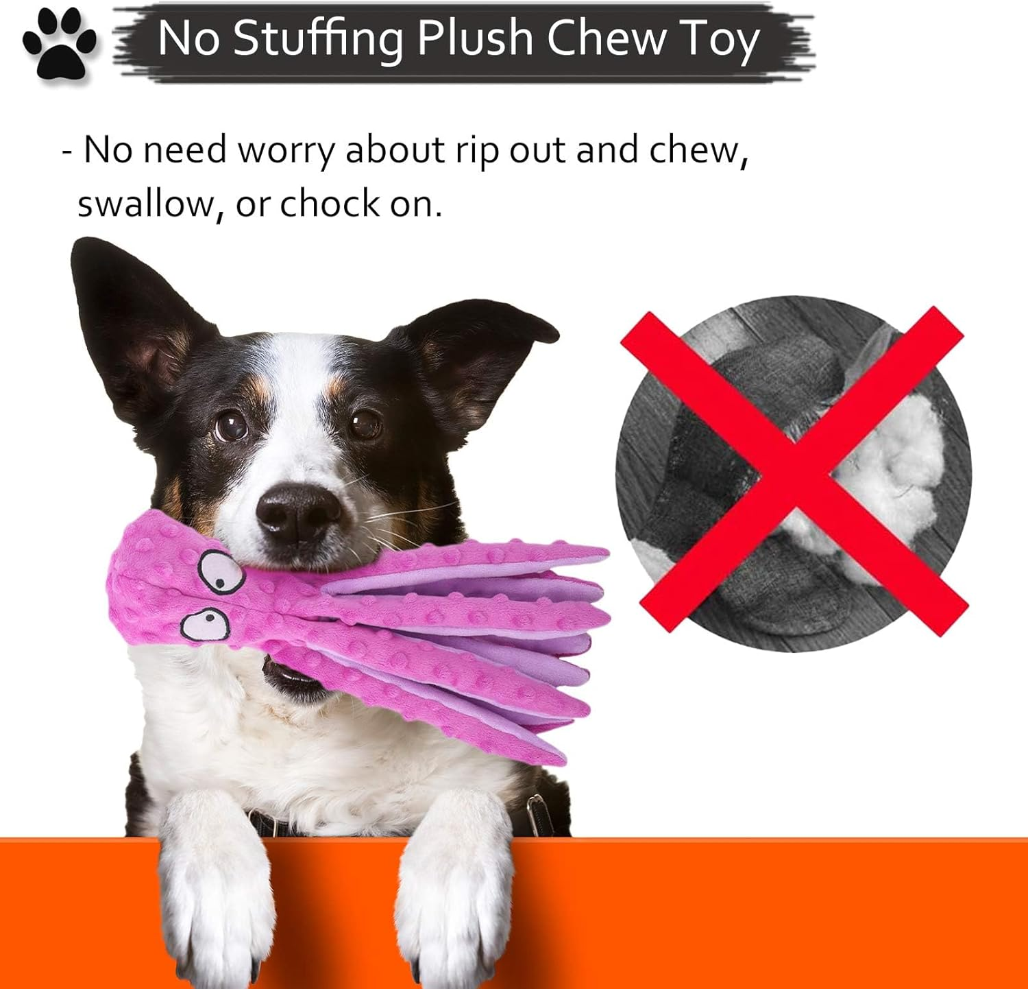 Dog Squeaky Toys，Octopus Interactive Play Toy，No Stuffing Plush Dog Chew Toy with Crinkle Paper for Medium and Large Dog Playing (Orange)