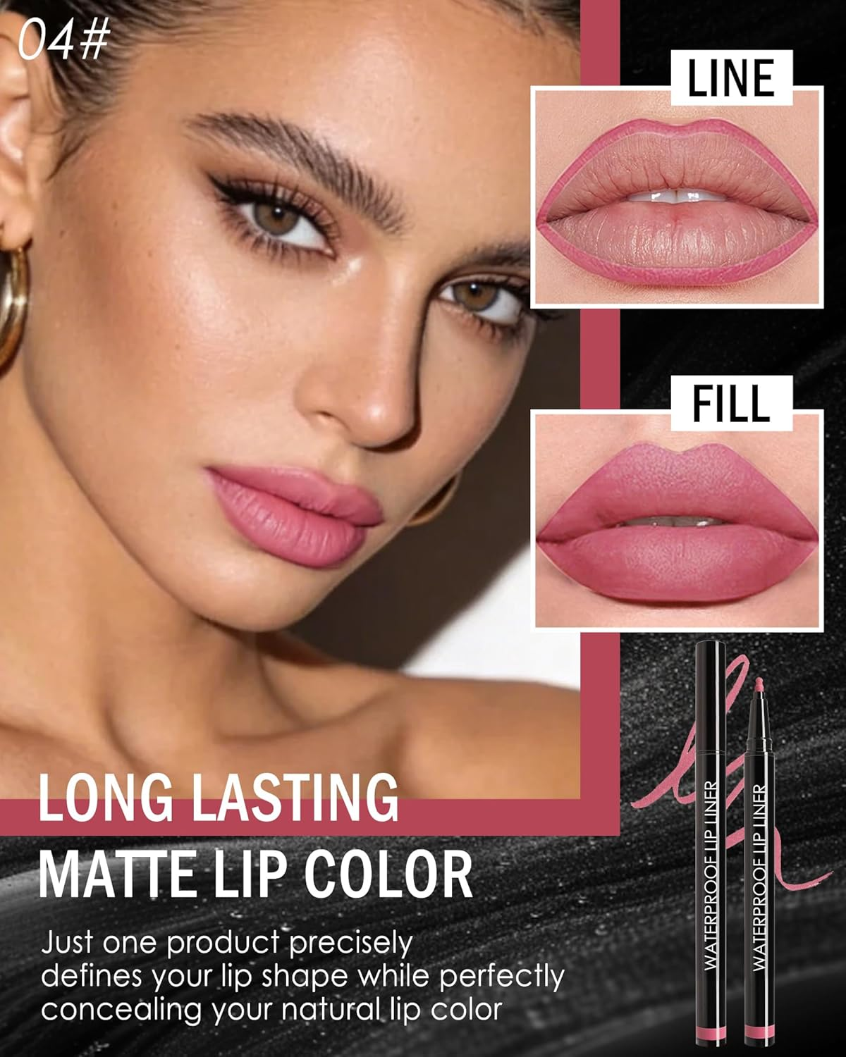 Matte Lip Liner Waterproof, Long-Lasting Smudge-Proof Lip Mark Pencil, Highly Pigmented Liquid Lipstick, Smooth Moisturising Lip Liner Pencils, Lip Gloss, Natural Tattoo Effect, 04# Rose