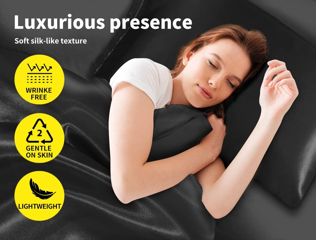 Dreamz Silky Satin Sheets Fitted Flat Bed Sheet Pillowcases Summer Double Black image number 4