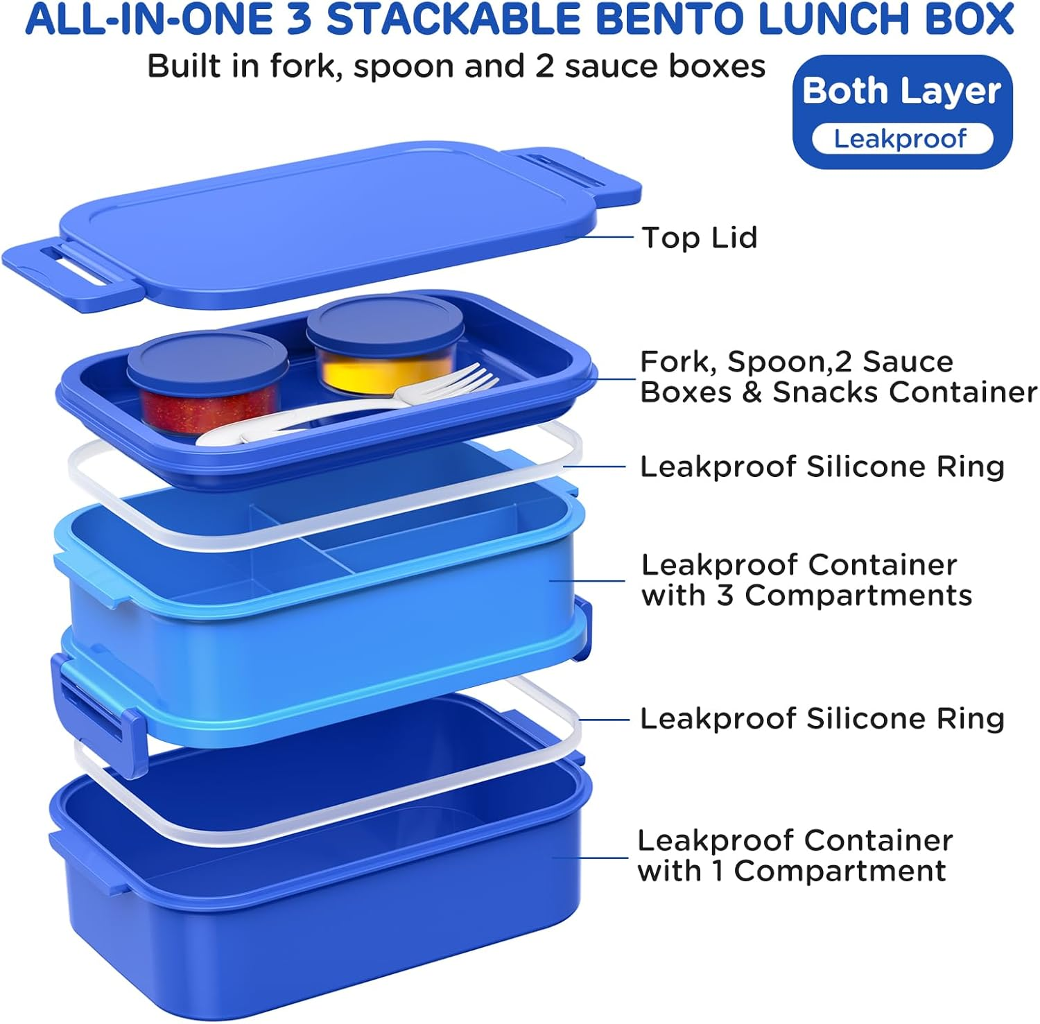 Dacool Bento Box Adults Lunch Container - 74 OZ Stackable Leakproof Bento Lunch Box for Adults Men Boys Teens Large Lunch Box Containers with Fork Spoon Sauce Boxes for Work School Dining Out, Blue