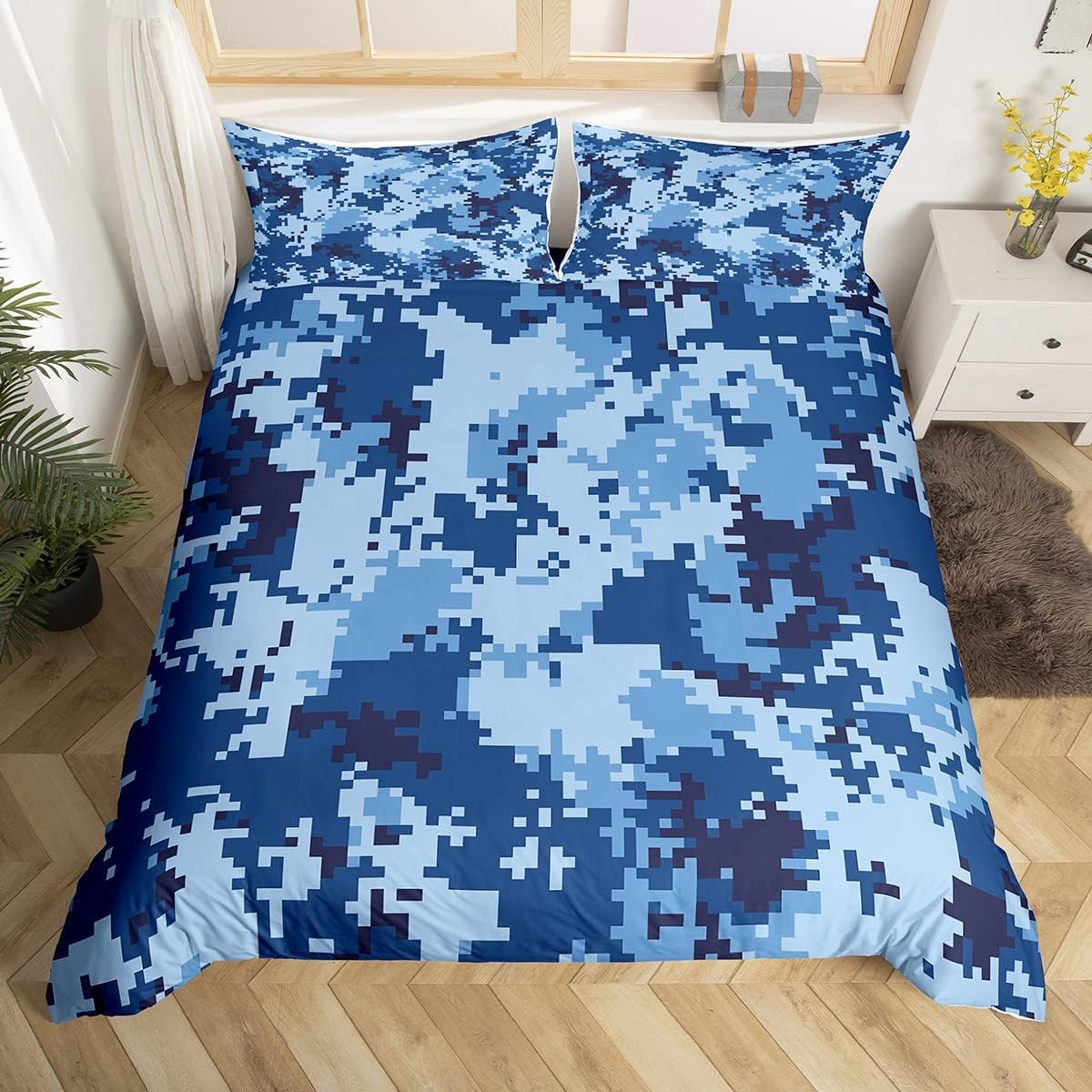 Manfei Navy Blue Camouflage Boys Duvet Cover Set S Size, Modern Army Camo Bedding Set Children Teens Adults White Blue Camo Comforter Cover Outdoor Sports Style Quilt Cover, 1 Pillowcase
