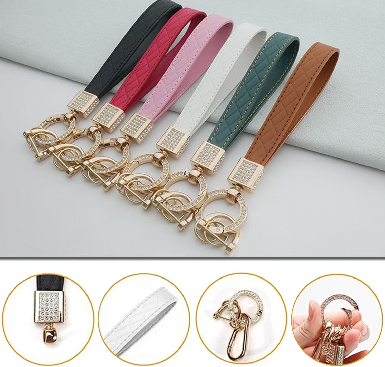 Leather Keychain Wristlet,2Pcs Leather Car Keychain Key Ring Lanyard Accessories,Rhinestone Inlaid Alloy Car Key Chain,360&deg;Rotatable Wrist Fob Keychain Holder,Car Key Chain Cover image number 1