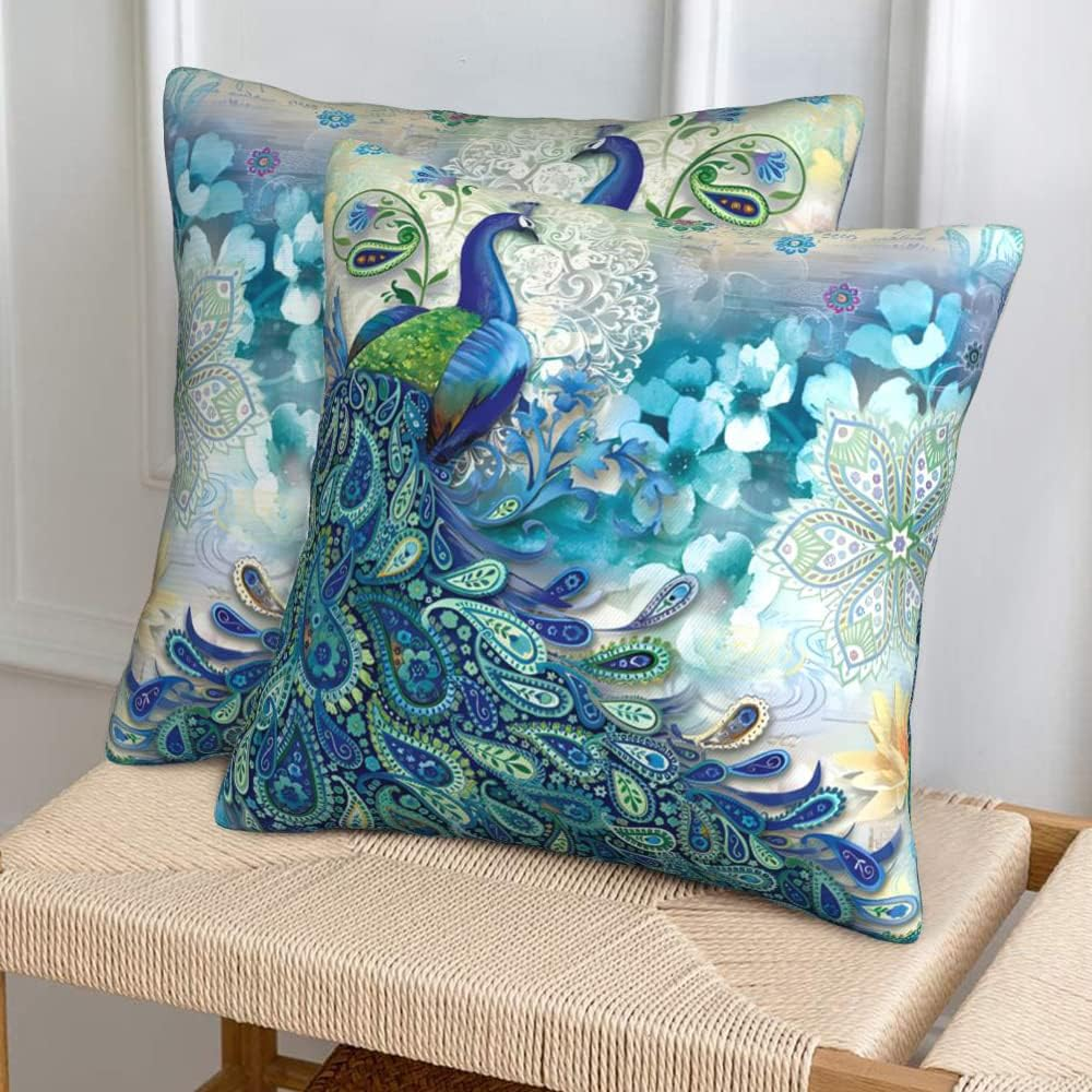 Teal Peacock Throw Pillow Covers Set of 2, Vintage Watercolor Blue Teal Turquoise Peacock Gifts Microfiber Fabric Decoration Pillowcases Home Sofa Couch Bed Decor Square 18X18 Inches Pillow Cases image number 2