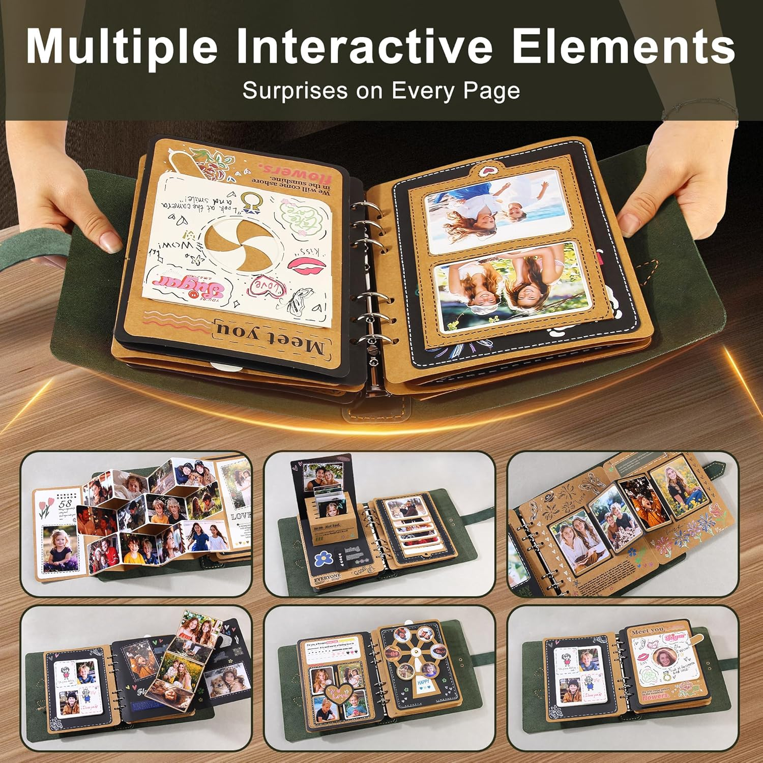 Handmade Genuine Leather Scrapbook Photo Album &ndash; DIY 3D Interactive Memory Book for Wedding, Baby, Family Photos (Travel, Anniversary, Birthday Gift)- Green image number 4