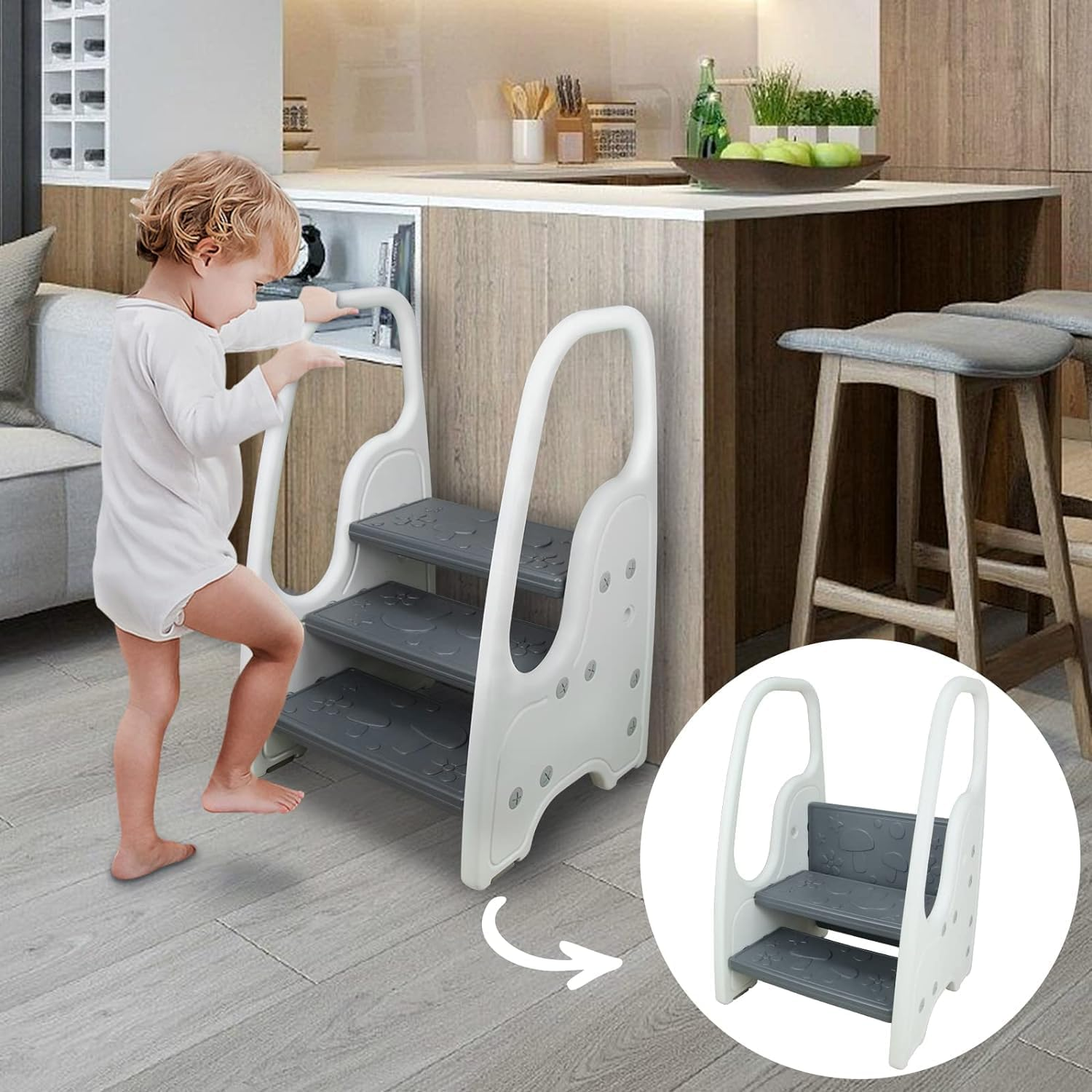 Toddler 3 Step Stool Kids Standing Tower for Toddlers Plastic Learning Helper Stool for Kitchen Counter Bathroom Sink Toilet Potty Training with Handles and Non-Slip Pads image number 5