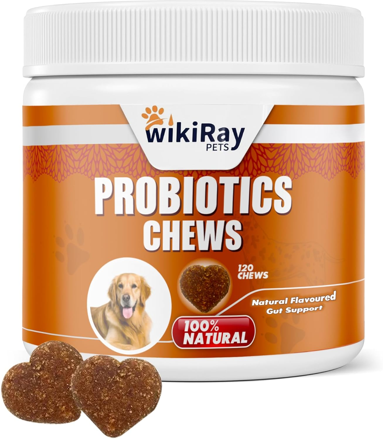 Wikiray Probiotics for Dogs &ndash; Soft Chews for Digestive Health & Immunity | 120 Chews | 3 Billion CFU, Pumpkin, Enzymes, Vitamins & Prebiotics | Made with Natural Ingredients