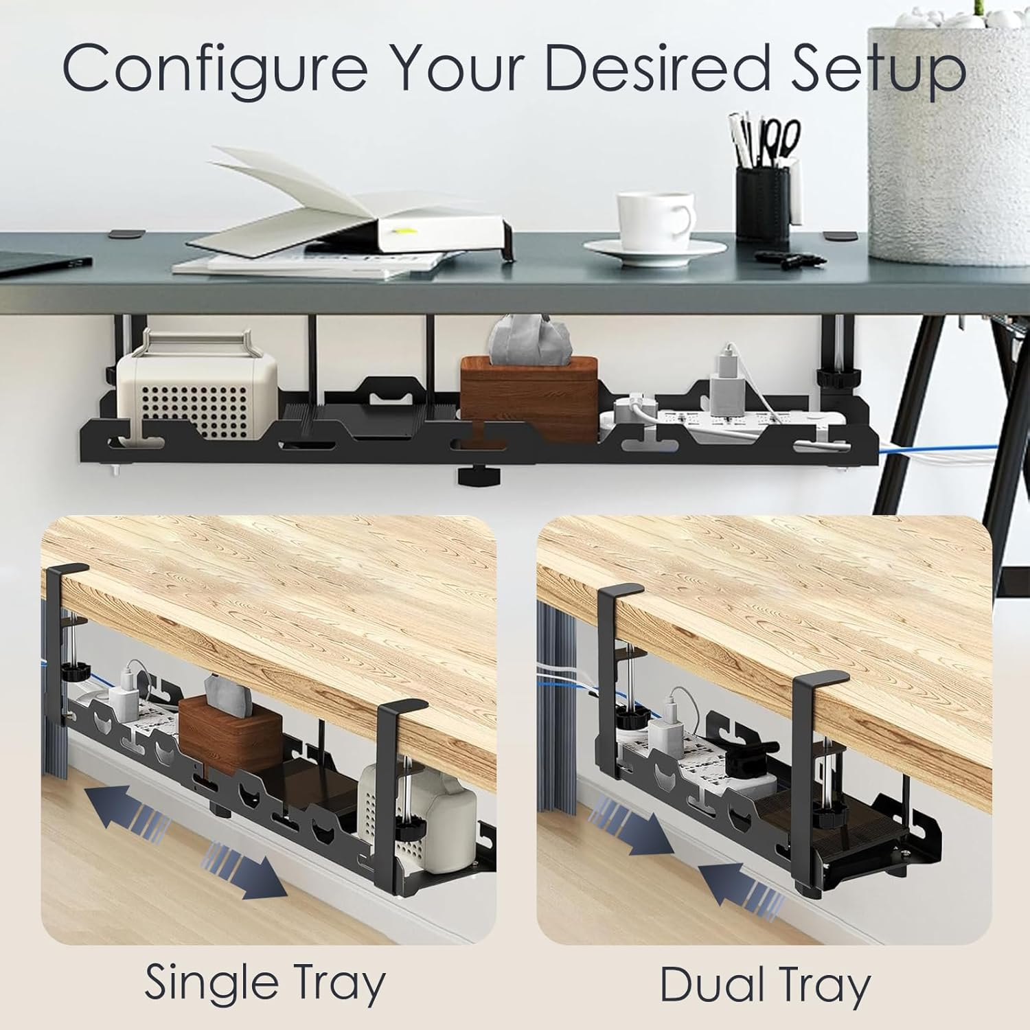 Bonaler under Desk Cable Management Tray,No Drill Retractable Clamp Mounted Desk Cable Cord Organizer for Desk,Sturdy Metal Cable Tray Basket for Home Office Computer,Black image number 2