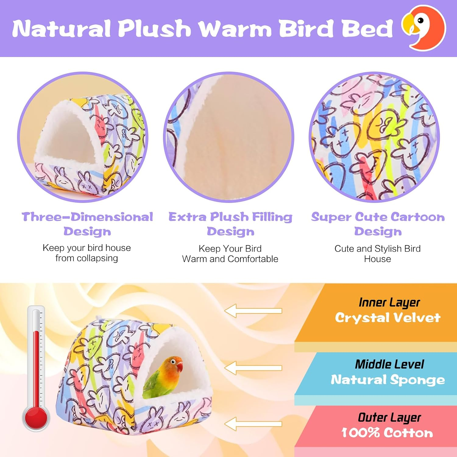 Plush Warm Bird Nest for Birds Cage Accessories,Skin Friendly Samll Animal House Hanging Hammock for Parrot Toy,Snuggle Bed House for Conures,Parakeet,African Grey,Budgies(Color Rabbit, S/Size) image number 6