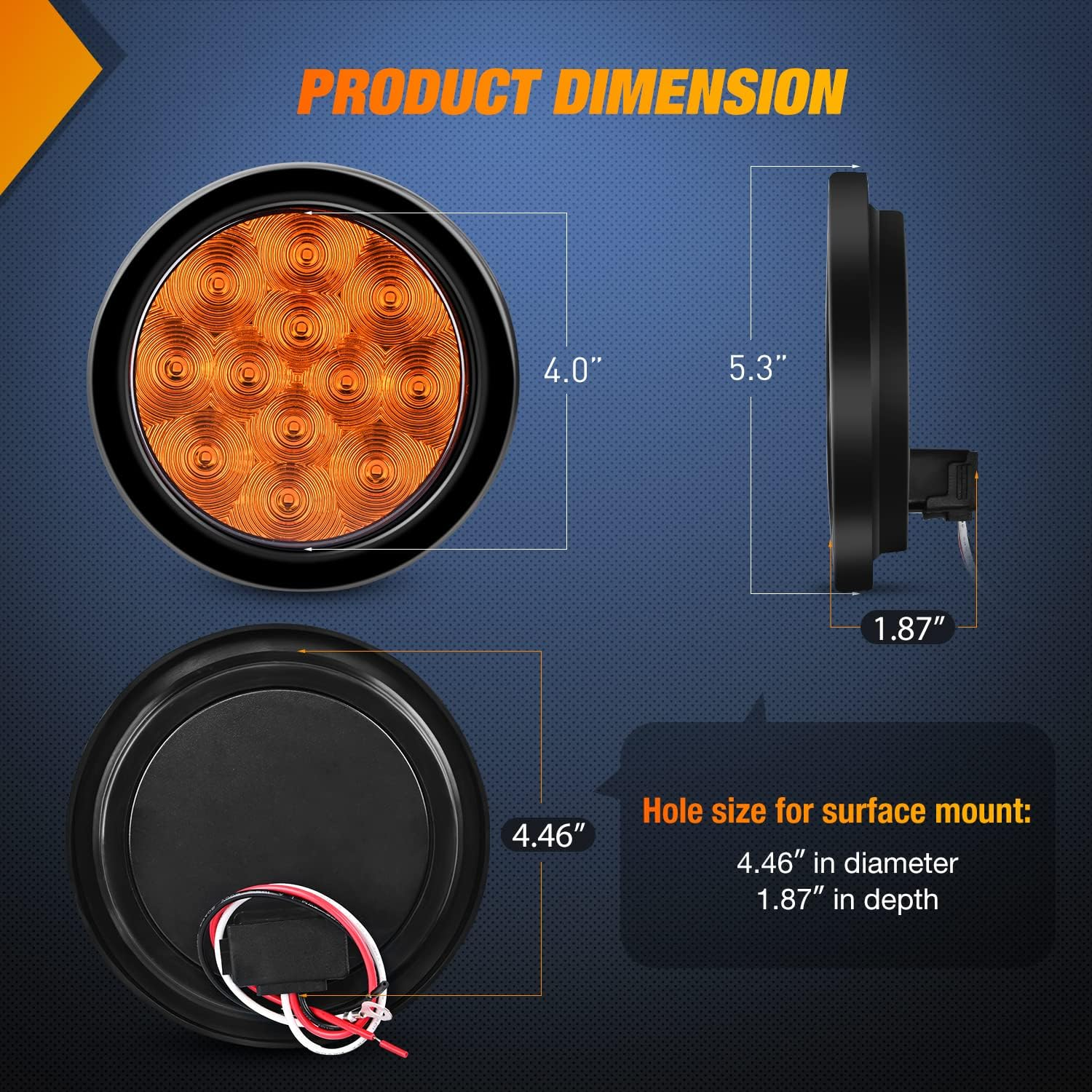 Nilight 2Pcs LED Trailer Tail Lights 4Inch 12LED round Amber Turn Signal W/Surface Mount Grommet Plugs IP67 Park Stop Brake Marker Light for RV Truck Trailer Jeep UTE UTV 12V image number 2