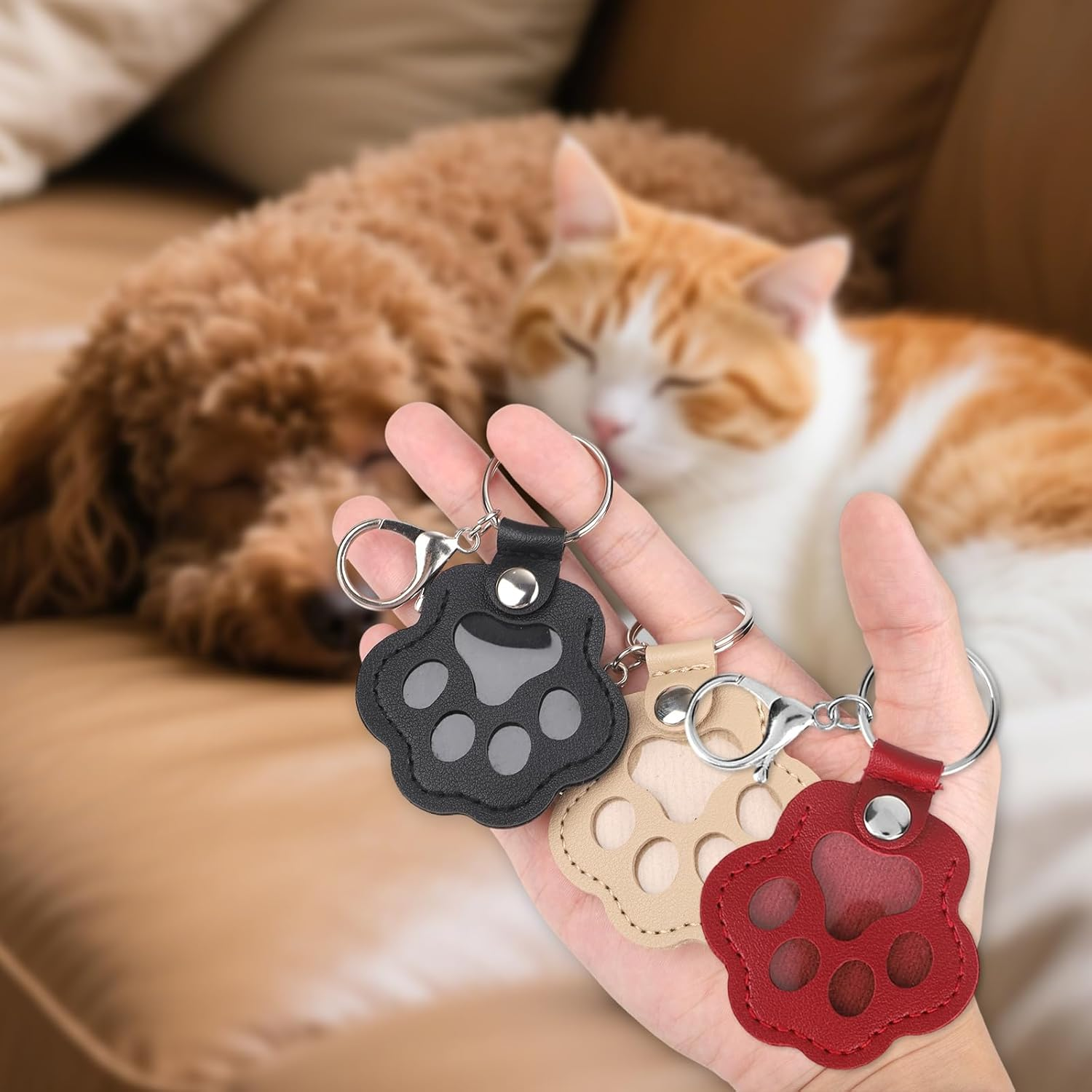 3Pcs Dog Fur Storage Keychains, Durable Leather Pet Memorial Keychain Cute Paw Shaped Keyring for Dogs & Cats Pet Hair Collection Keepsake (Black, Gray, Red) image number 5