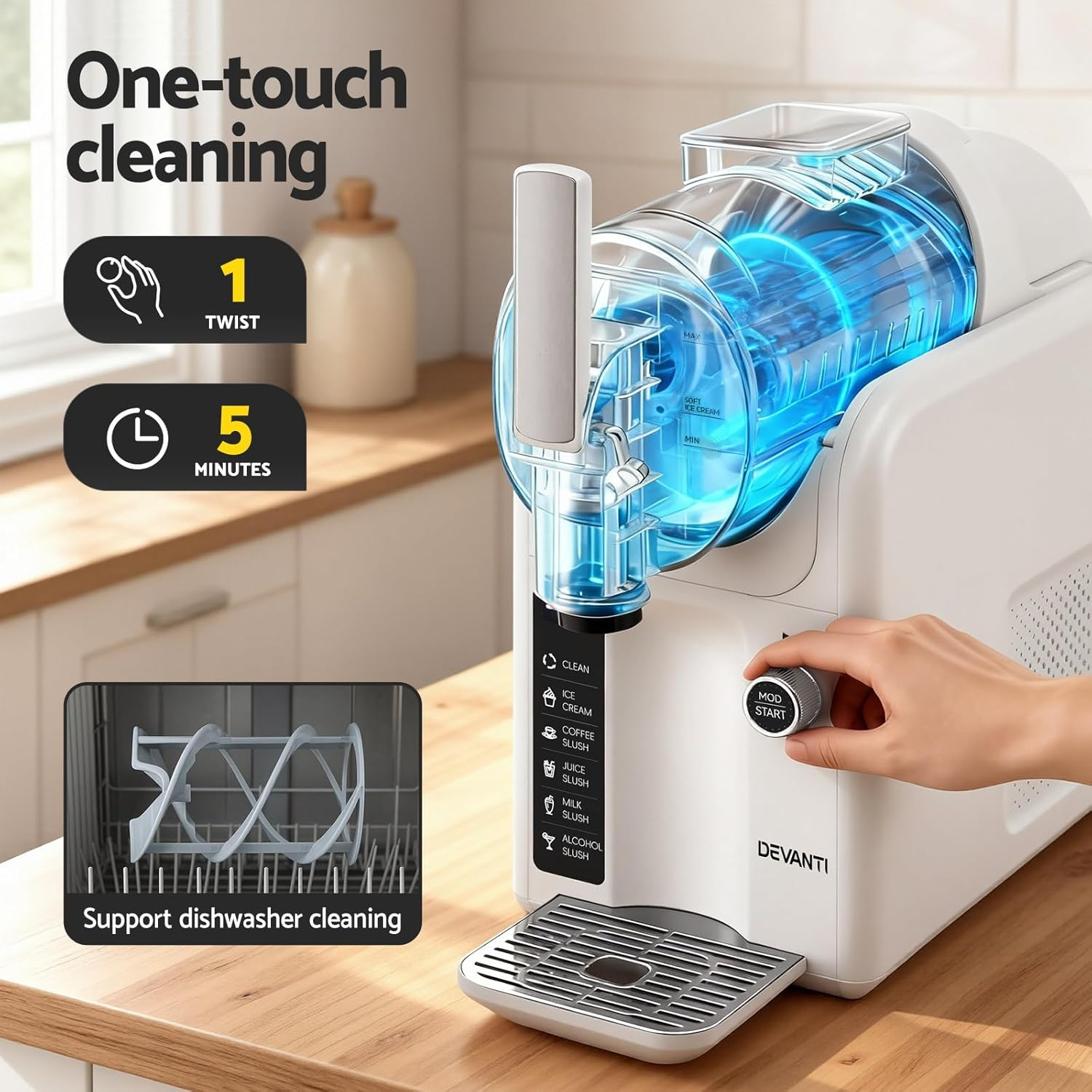 Devanti Slushie Machine Australia & Ice Cream Maker, 2L Large Slushie Maker, 20-Min Fast Cooling & One-Touch Cleaning, Ideal for Homemade Cocktails, Smoothies, Soft Ice Cream & Milkshakes, White image number 6