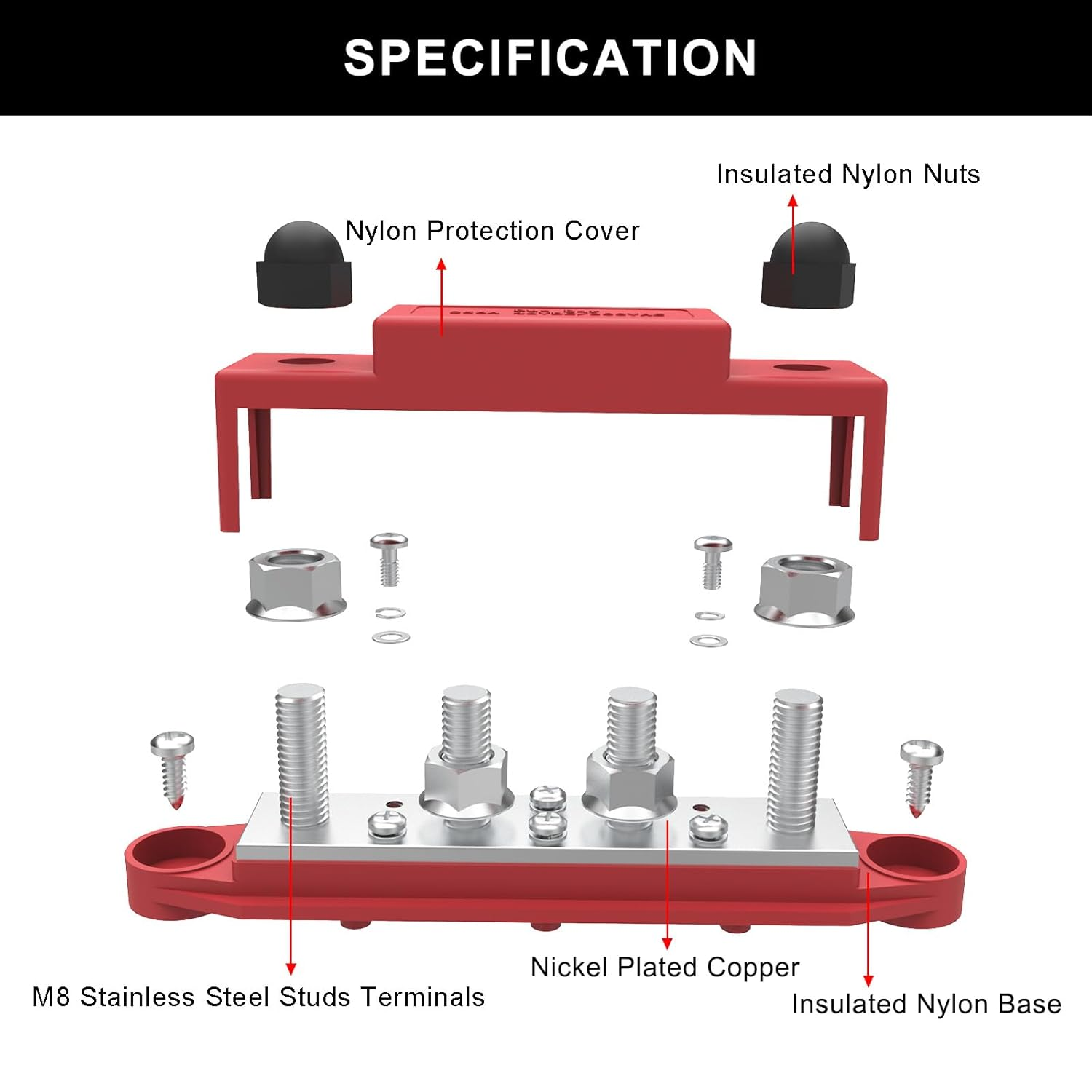 Upgraded Bus Bar 250A 12V Power Distribution Block with 3/8" (M10) 4-Posts Terminals Block with Cover for Automotive, Marine, Battery System(Black & Red) image number 6