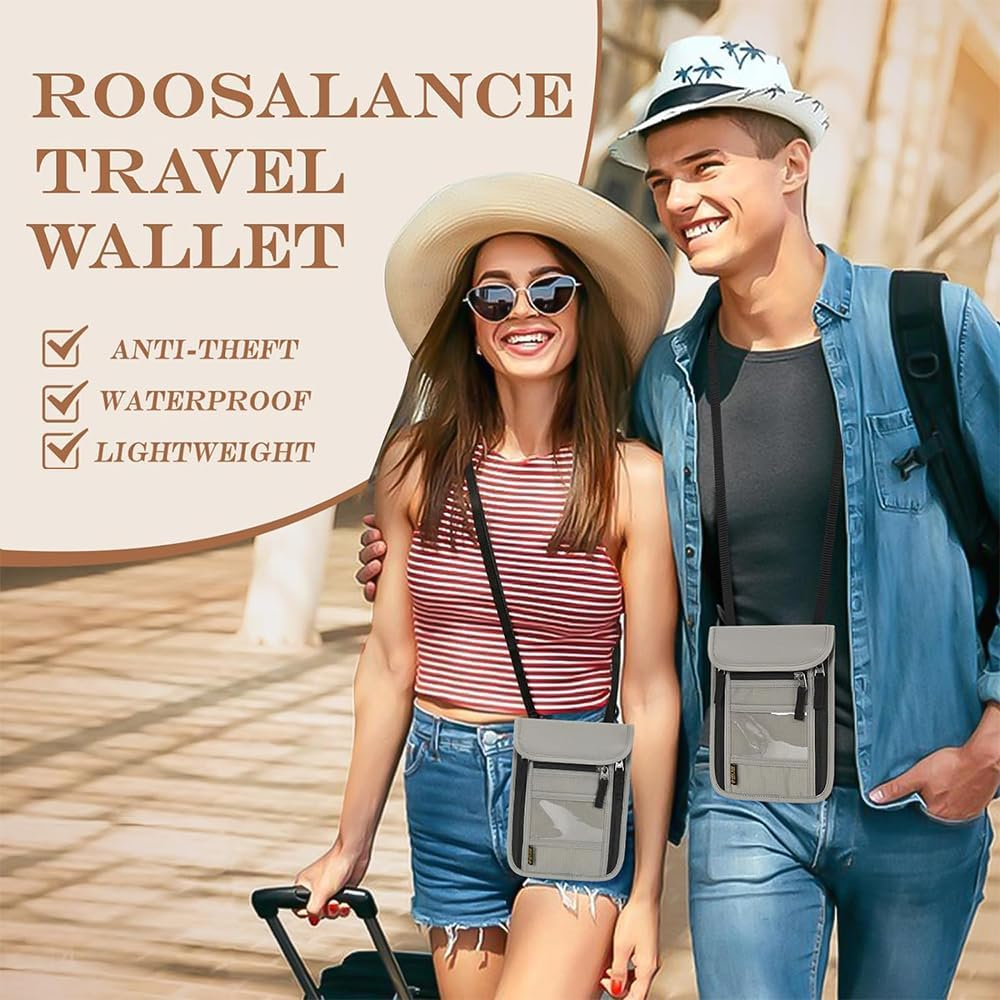 RUTREZOGO Travel Neck Bag Passport Holder with Adjustable Strap, Unisex Lightweight Document Organizer with Zipper for Cash, Credit Cards, and Travel Essentials (Light Gray) image number 3