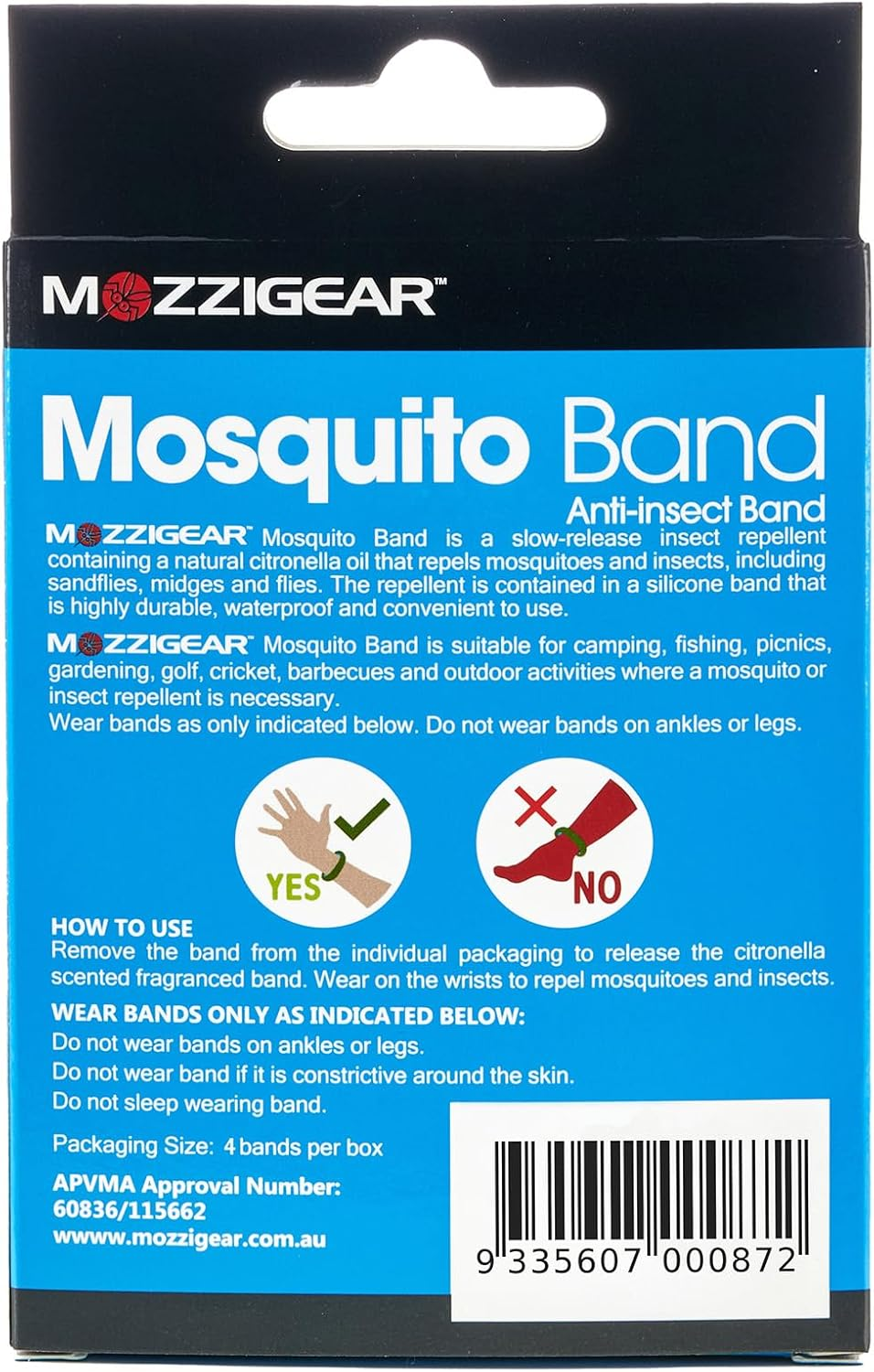 Mozzigear Mosquito Band Adults Size Pack of 4 Citronella Oil Infused Wristband for Insects, Sandflies, Flies & Midges Waterproof Bug Bands for Indoor, Outdoor, Camping & Travelling - Natural, Non-Toxic, Deet Free, Natural, APVMA Registered, Australian image number 1