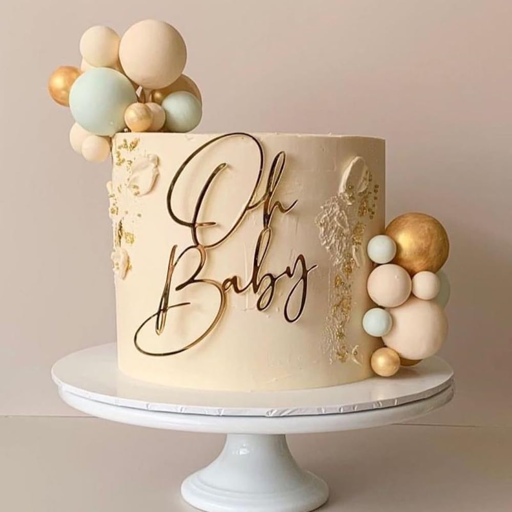 Oh Baby Cake Topper, Golden Acrylic Baby Party Cake Decoration, Baby Baptism or New Baby Gender Reveal Party Cake Decoration image number 2