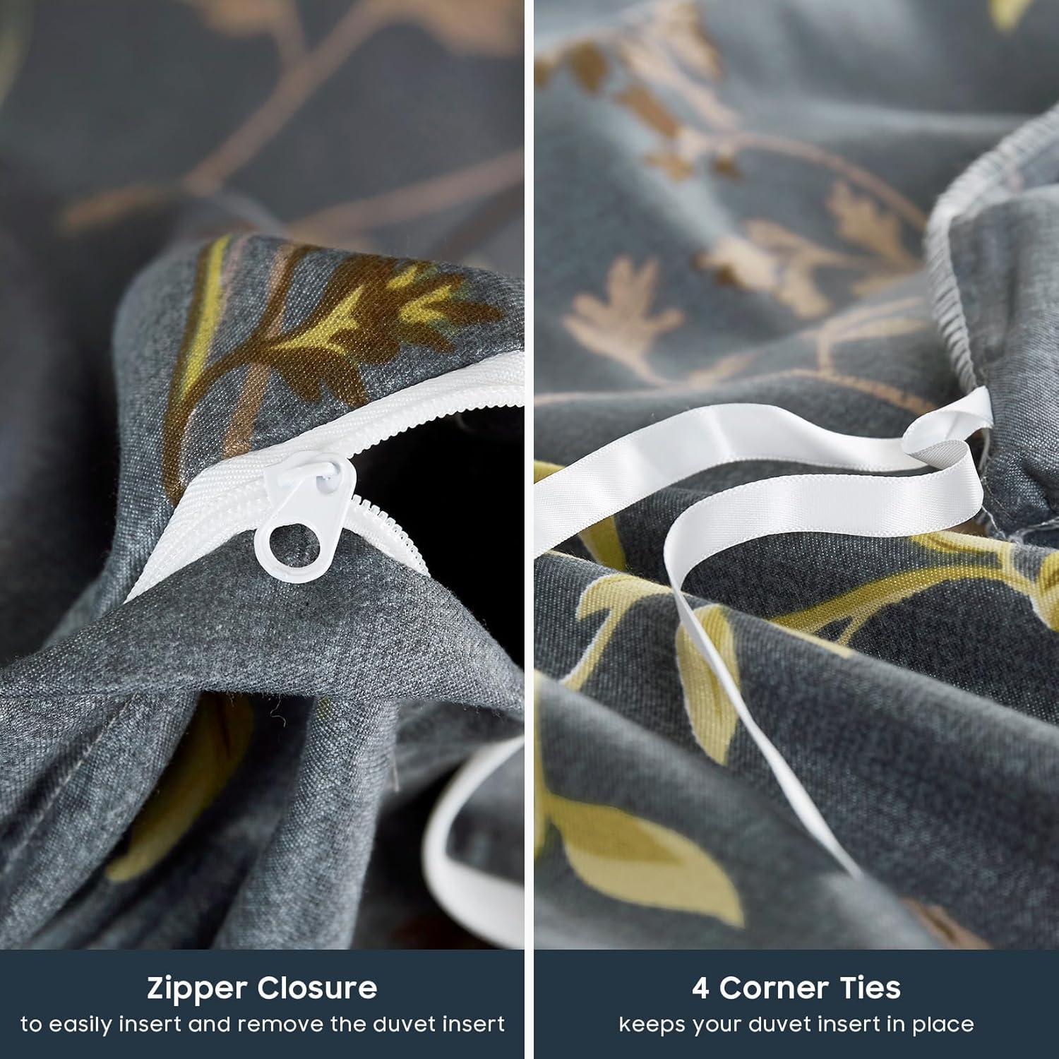 Wake in Cloud - Quilt Cover Set, Soft Microfiber Duvet Doona Cover Bedding with Pattern Printed, 3 Pieces, Floral Bird Grey, Queen Size