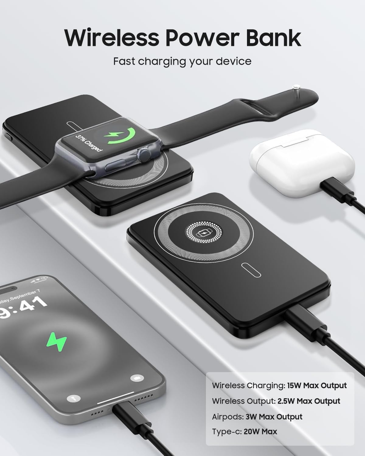 Magnetic Wireless Power Bank 10000Mah 3-In-1 Portable Charger with Mag-Safe for Iphone 16/15/14/13/12, Watch, Airpods 20W PD Fast Charging with LED Display Compatible with Samsung Galaxy Phones image number 1
