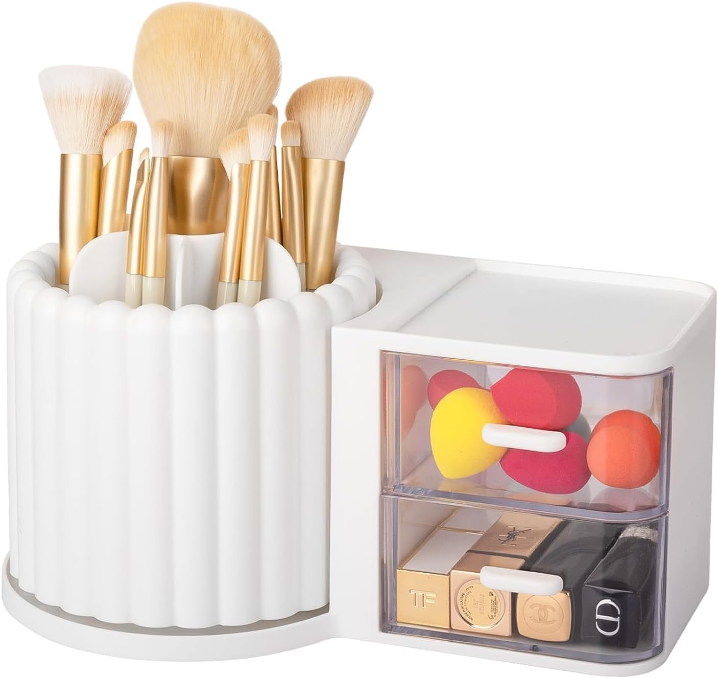Makeup Organizer Countertop,360 Rotating Makeup Brush Holder 7 Slots Makeup Organizer with Drawer Removable Spinning Cosmetic Storage Pen Holder for Vanity, Dresser, Desk,9.25X5.11Inch,White image number 4