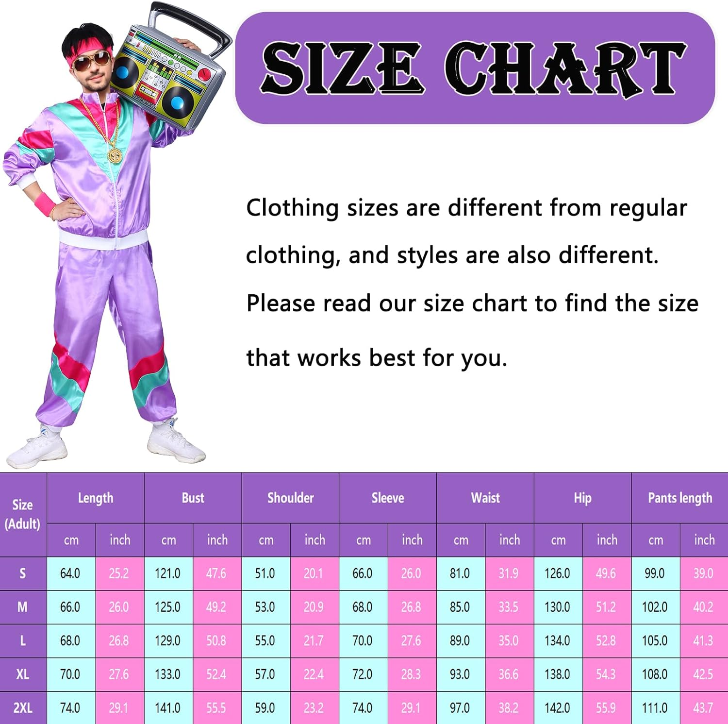 Shell Suit Costume Set 80S Fancy Dress Men Women Tracksuit with Glasses Headband Wristbands for Carnival Parties Halloween image number 7