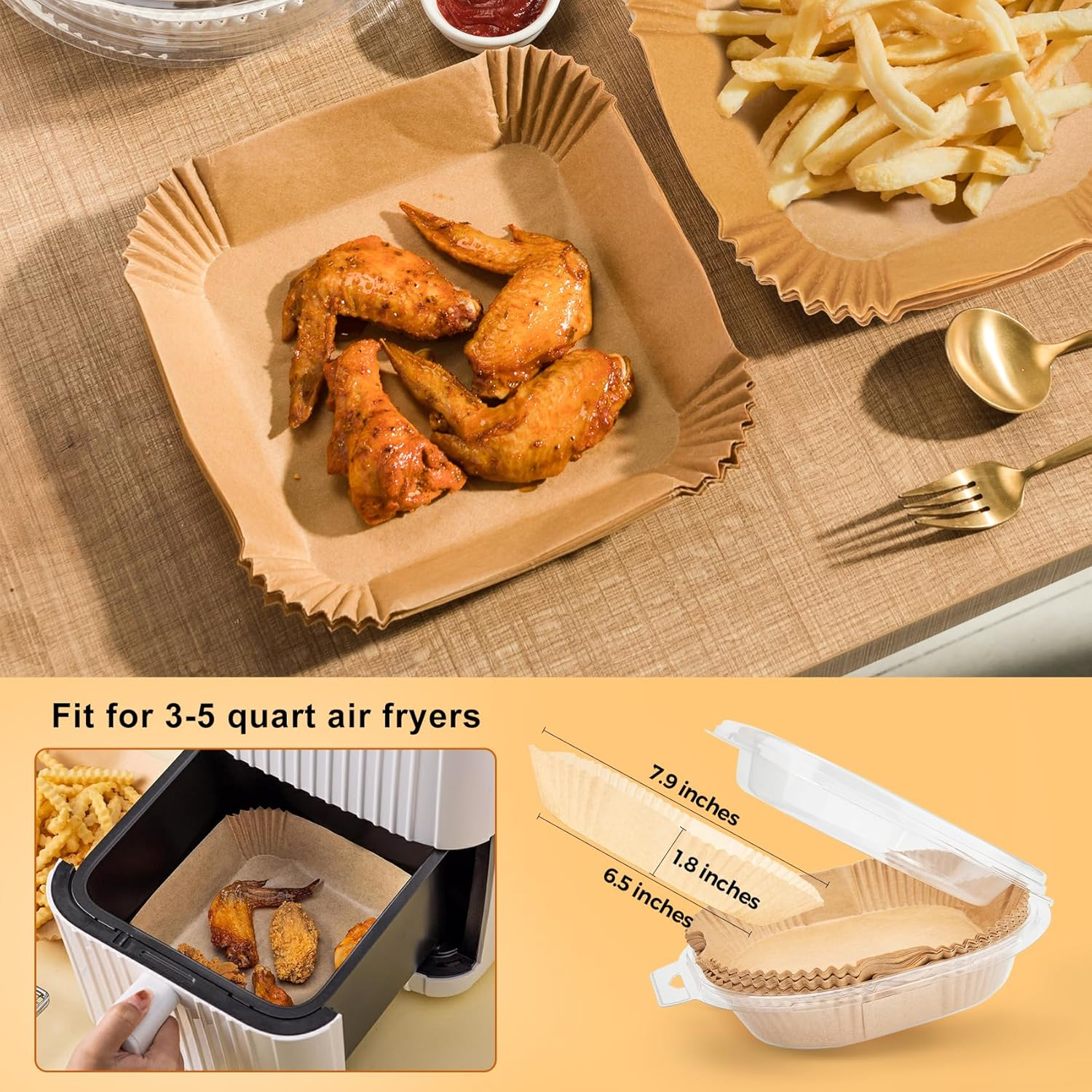 Air Fryer Paper Liner Disposable - 100PCS 6.3 Inch Square Liners for Air Fryer, Grease and Water Proof Non Stick Basket Parchment Paper image number 1