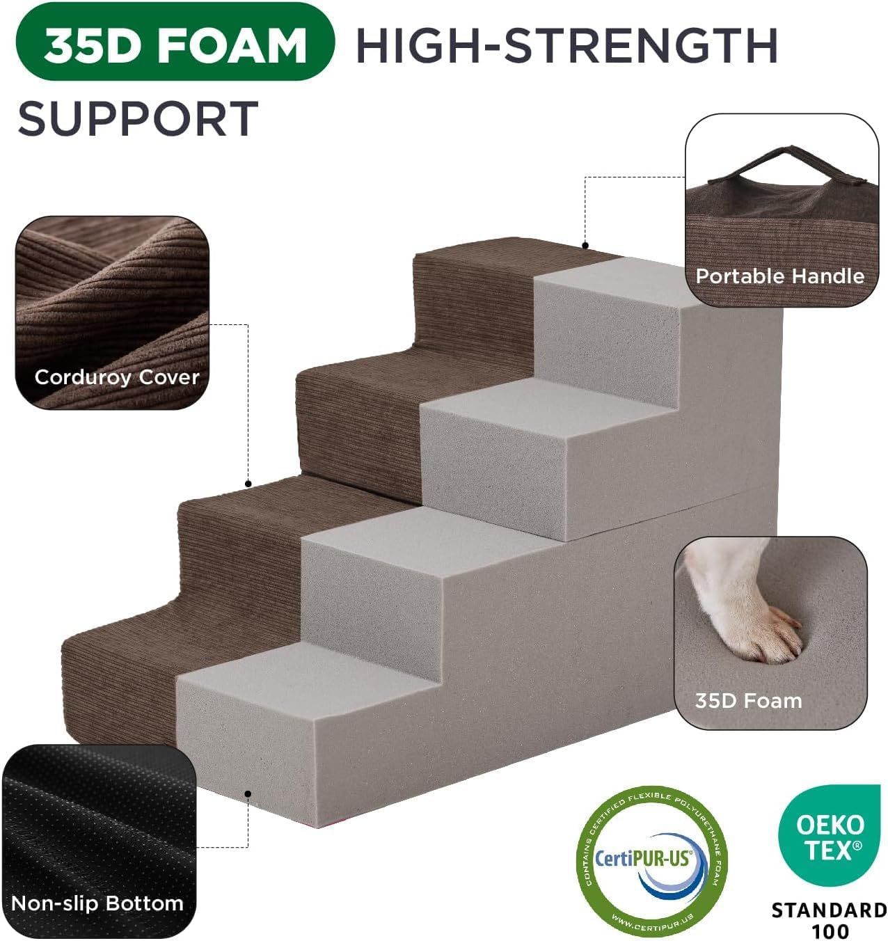 4 Tier Pet Steps for Sofas and Beds - Non-Slip Pet Ramps with Removable and Washable Shells - Training Steps for Small Dogs and Cats, Brown image number 5