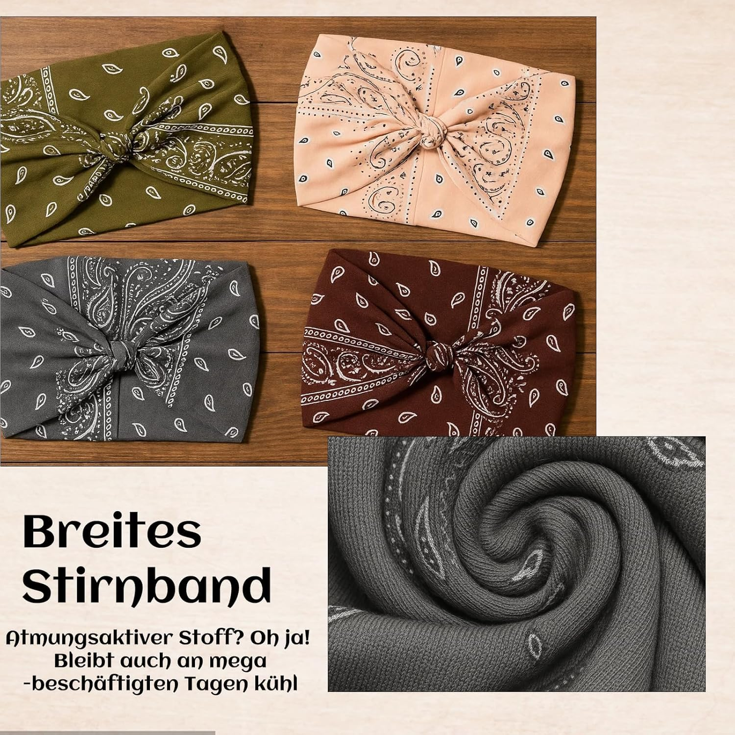 Hair Band Cosmetics, Pack of 4 Women'S Hair Bands in Brown, Beige, Black and Green, Soft Headband for Sports and Everyday Use, Comfortable Headscarf for Women with Good Fit image number 2