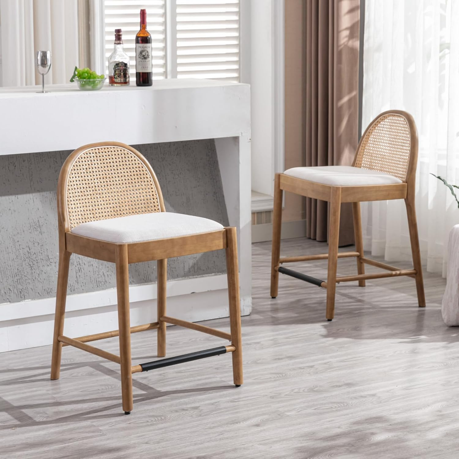 Ya-Home Mid-Century Bar Stools Set of 2, 30 Inch Counter Height Rattan Back Linen Barstools Comfy Upholstered Bar Chairs with Wooden Legs for Kitchen Dining Room, Beige image number 2