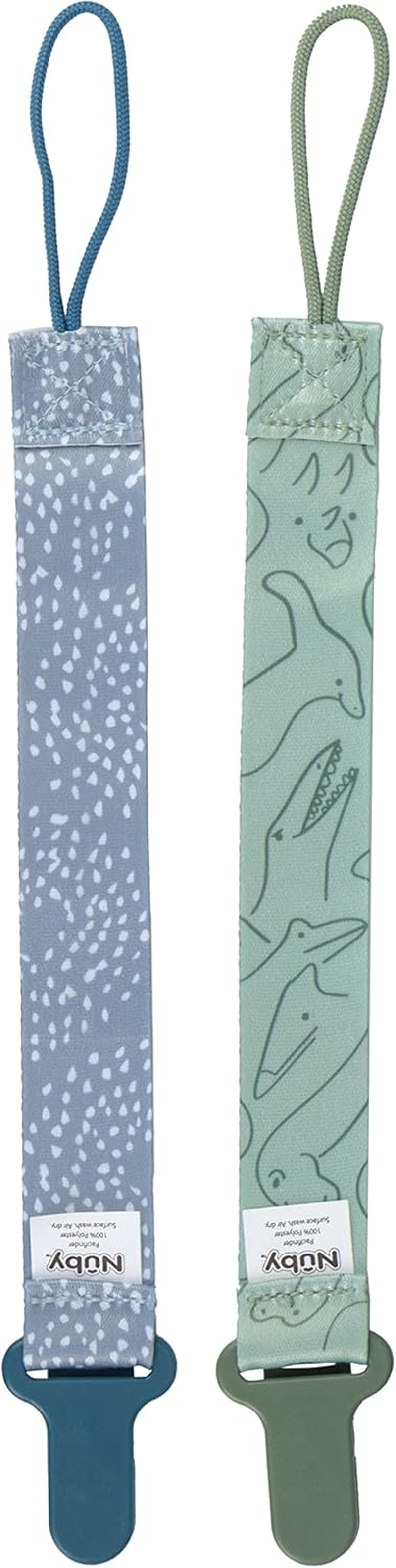 Nuby Pacifinder Pacifier Clip, 2 Pack Pacifier Holder for Boy, Blue Dots and Green Dino image number 2