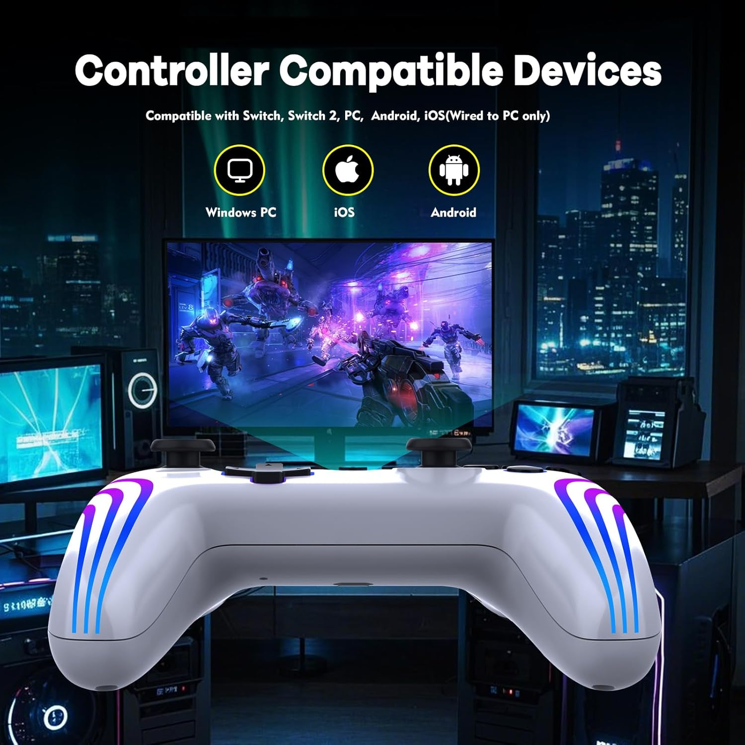 Wireless Controller for Switch/Switch 2/Lite/Oled/Pc, Gamepad with 7 Color Changing RGB Lighting/Dual Vibration/6 Axis Gyroscope/Turbo, White image number 5