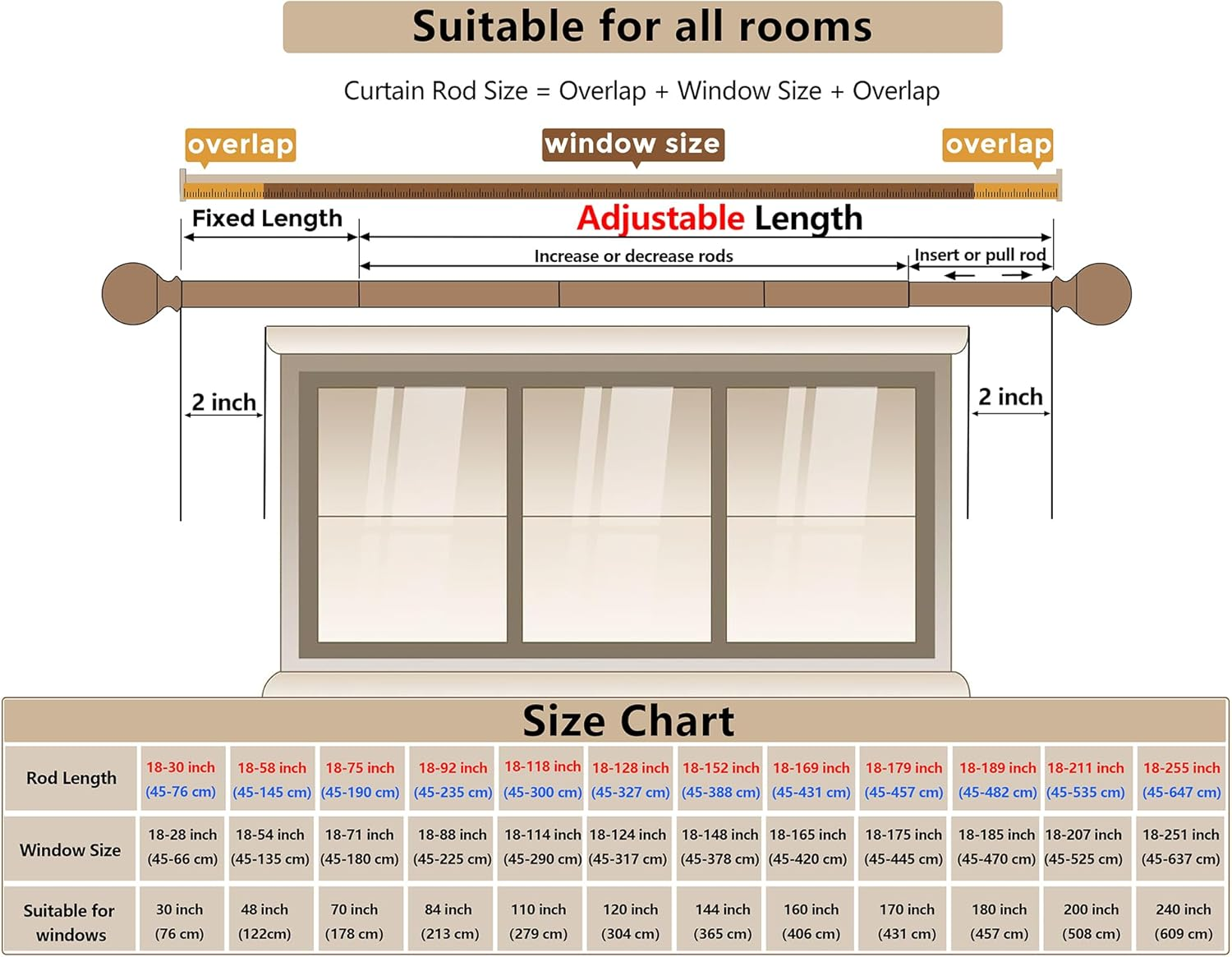 Curtain Rods 300 Cm for Window 279 Cm, Adjustable Length Heavy Duty Diameter 2.2 Cm, Ball Finials Black image number 5