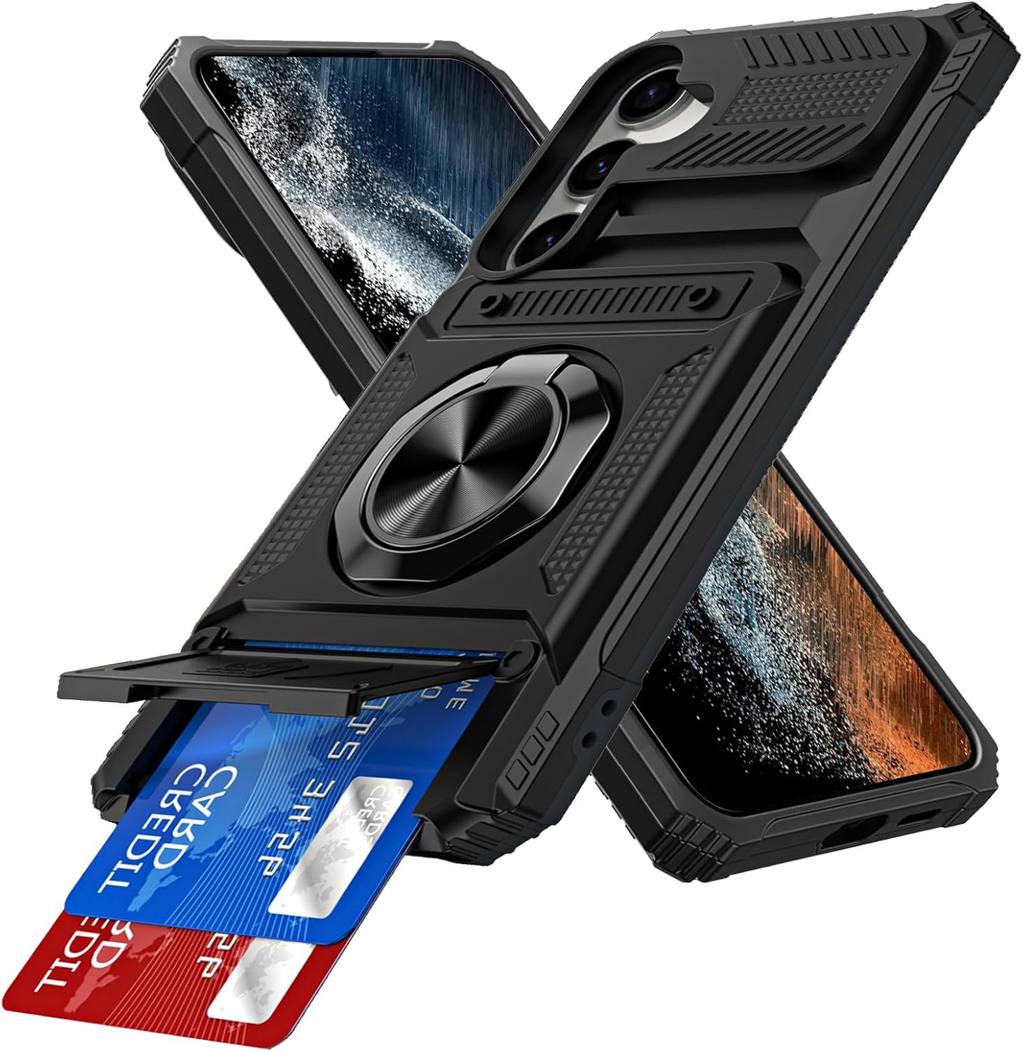 SIYOPINPFY Wallet Mobile Phone Case for Samsung Galaxy A35 5G Case with 2 Card Holders, 360&deg; Ring Stand, Heavy Duty, Shockproof, Robust Full Body Bumper Case for Samsung A35 5G, Black LM