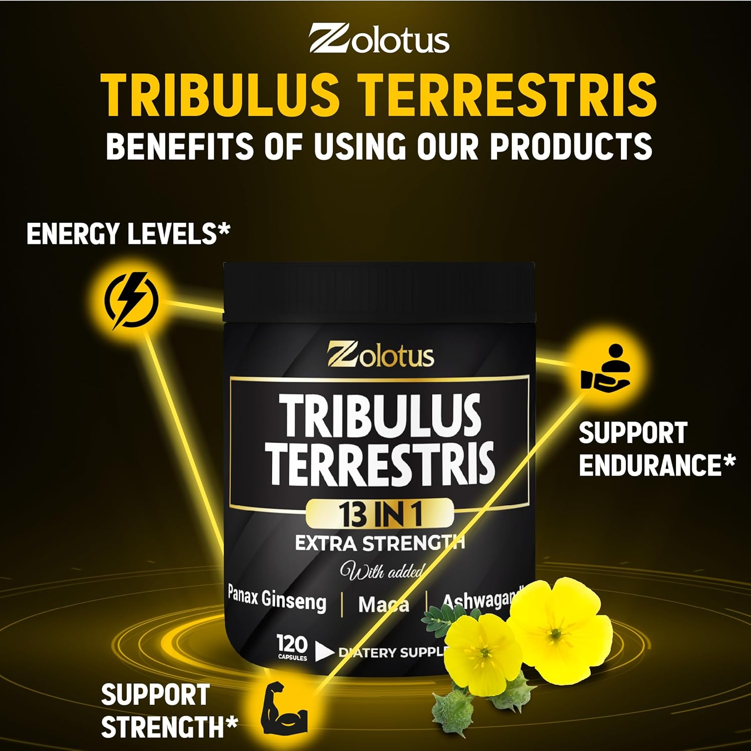 Zolotus 13In1 Tribulus Terrestris Capsules with Maca, Horny Goat Weed, Panax Ginseng, Saw Palmetto, Tongkat Ali, Shilajit & More - 120 Counts image number 3