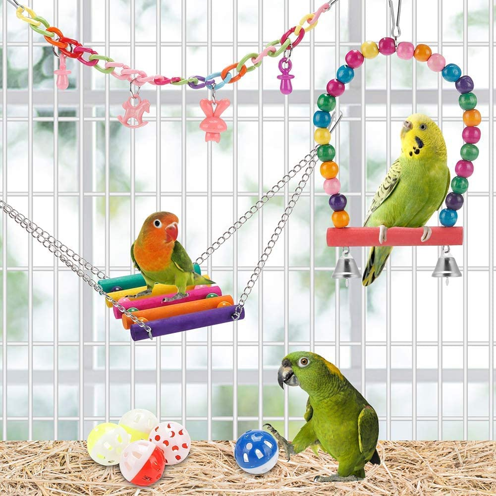 KAPASKI Bird Toys, 11 Pcs Swing Hanging Standing Chewing Toy Hammock Climbing Ladder, Colorful, Suitable for Budgerigar, Parakeet, Conure, Cockatiel, Mynah, Love Birds, Finches image number 3