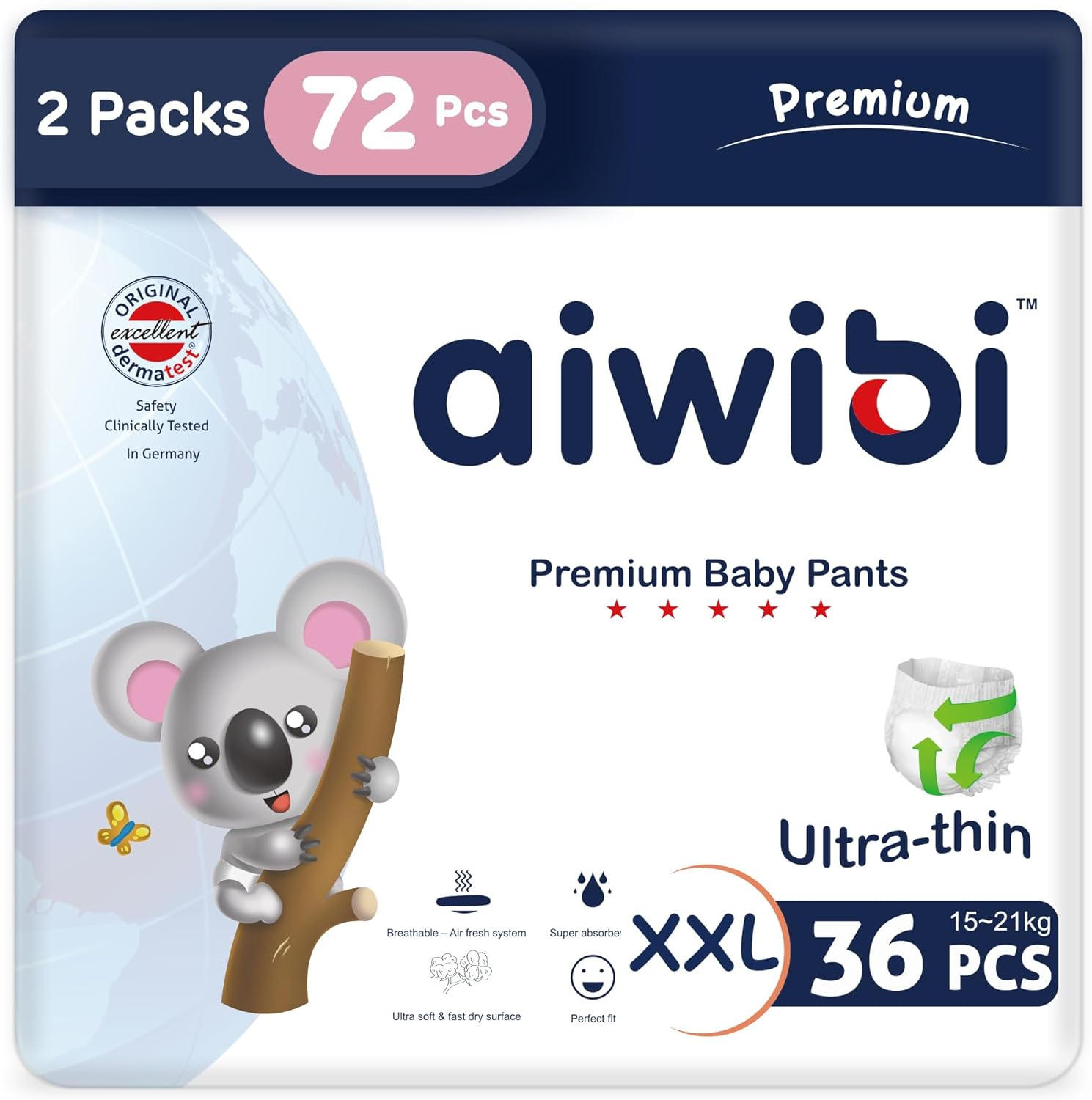 AIWIBI Royal Comfort Baby Nappy Pants, Size 6(15-24Kg), Count 72, Ultra Thin, Super Absorbent, 360&deg; Stretchy Waistband, Hypoallergenic Training Underwear image number 3